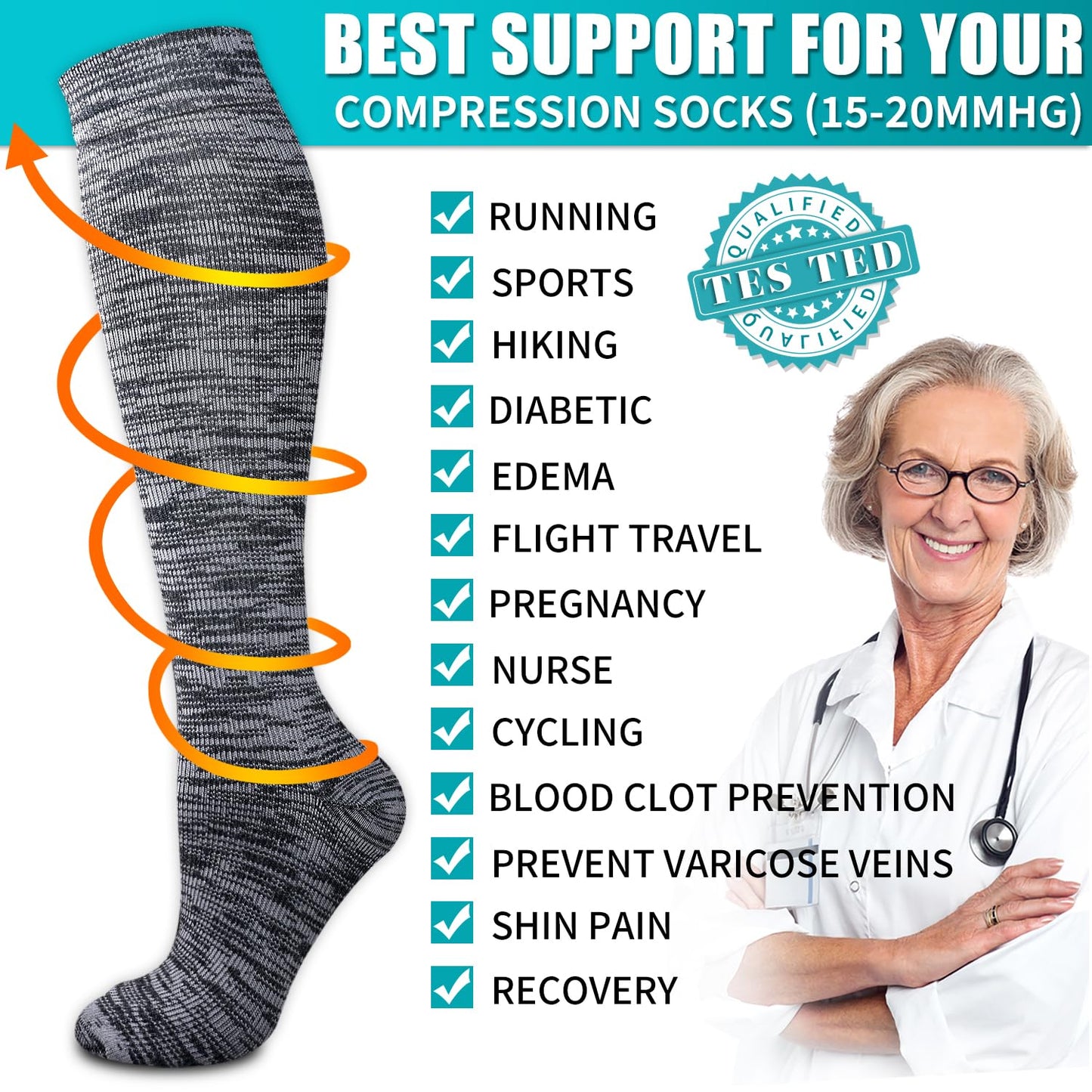 Copper Compression Socks for Women & Men (6 pairs) - Best Support for Nurses, Running, Hiking, Recovery