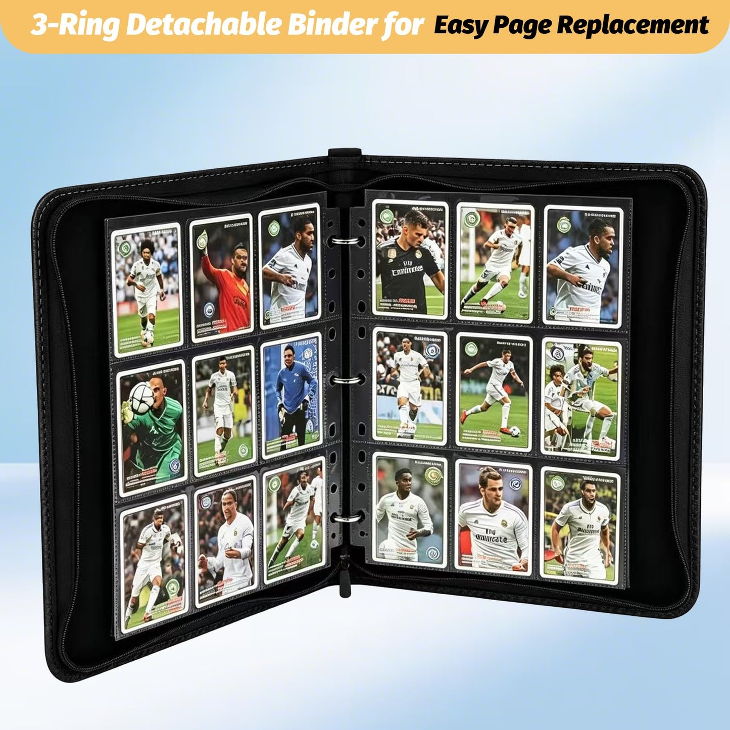 GERMUN 3 Ring 9 Pocket Zipper Card Binder, 720 Double Sided Standard PU Trading Card Album Folder for TCG & Sports Cards, Not Fit Top Loaders(Black2)
