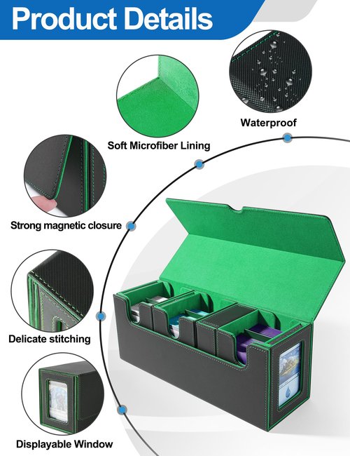 banloga Card Deck Box, 4-in-1 Card Deck Box Holds up to 3 Sets of Double-sleeved Cards, Magnetic Closure Commander Deck Box for TCG PTCG and Sports Cards (Black&Green)