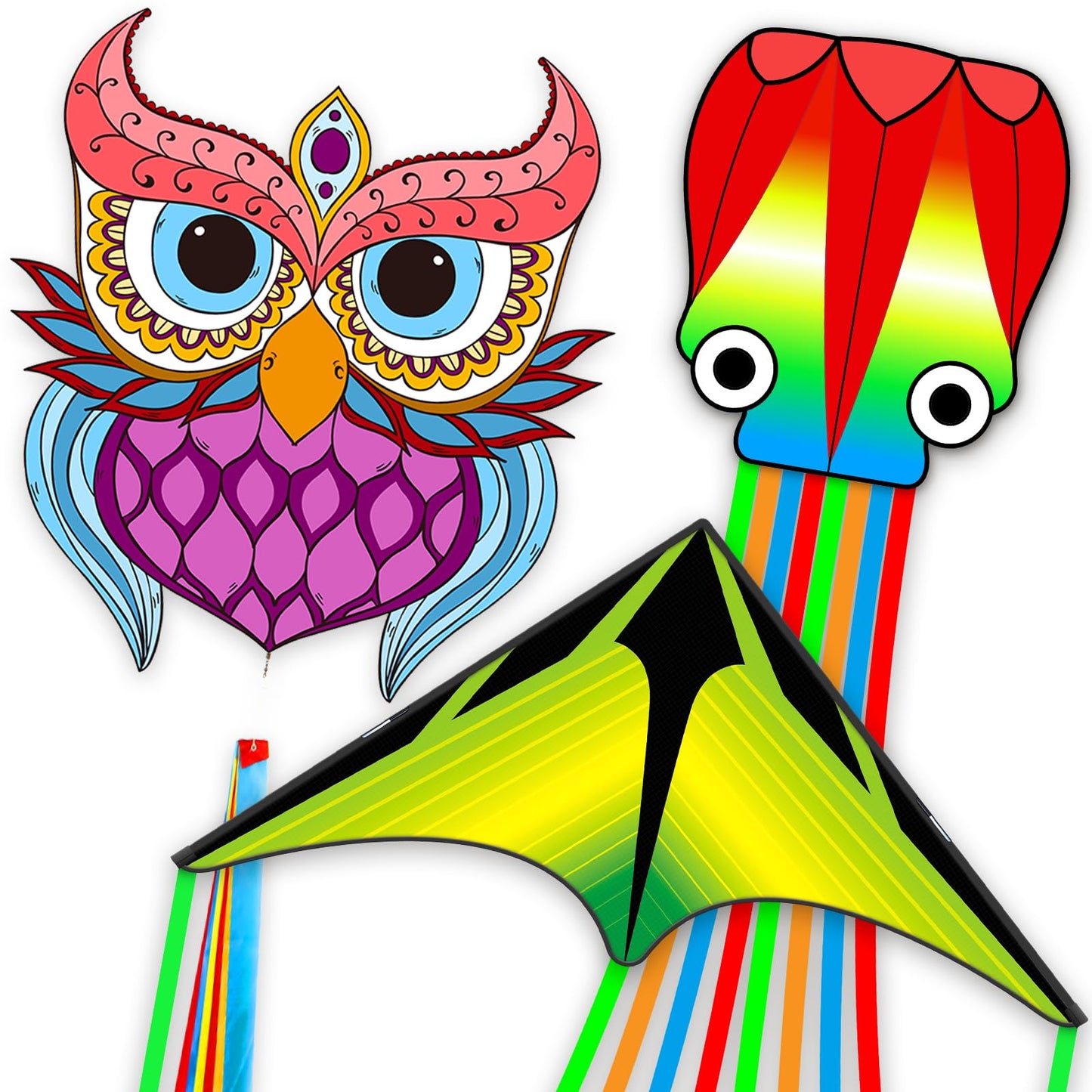 Kites for Adults & Kids Ages 4-8,Beach Kites Easy to Fly for Beginner, with Handle and 328ft Kite String，Best Toy and Gift for Boys & Girls. (Purple Owl,Grassland,Octopus, 3)