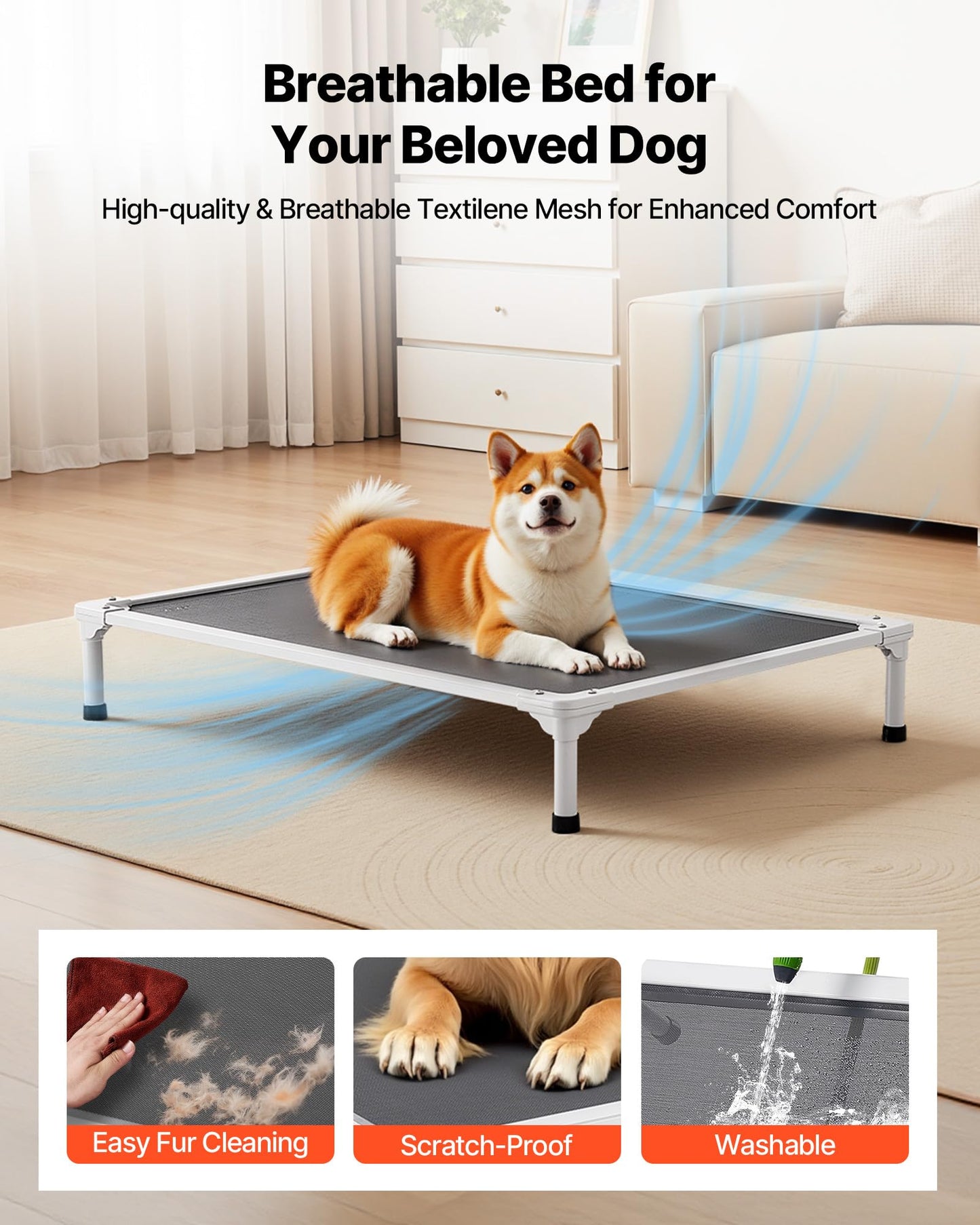 VEVOR Chew Proof Elevated Dog Bed, Portable Raised Dog Cot with Aluminum Tube Metal Frame and Breathable Textilene Mesh, Indoor & Outdoor Pet Cooling Raised Hammock Bed, L, Gray