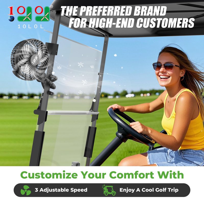 10L0L Universal Golf Cart Fan Fits Yamaha/EZGO/Club Car, Octopus Shape 360°Degree Rotational Fan, 3 Speed Adjustment, Support for Reverse Charging and Emergency Lighting-Black