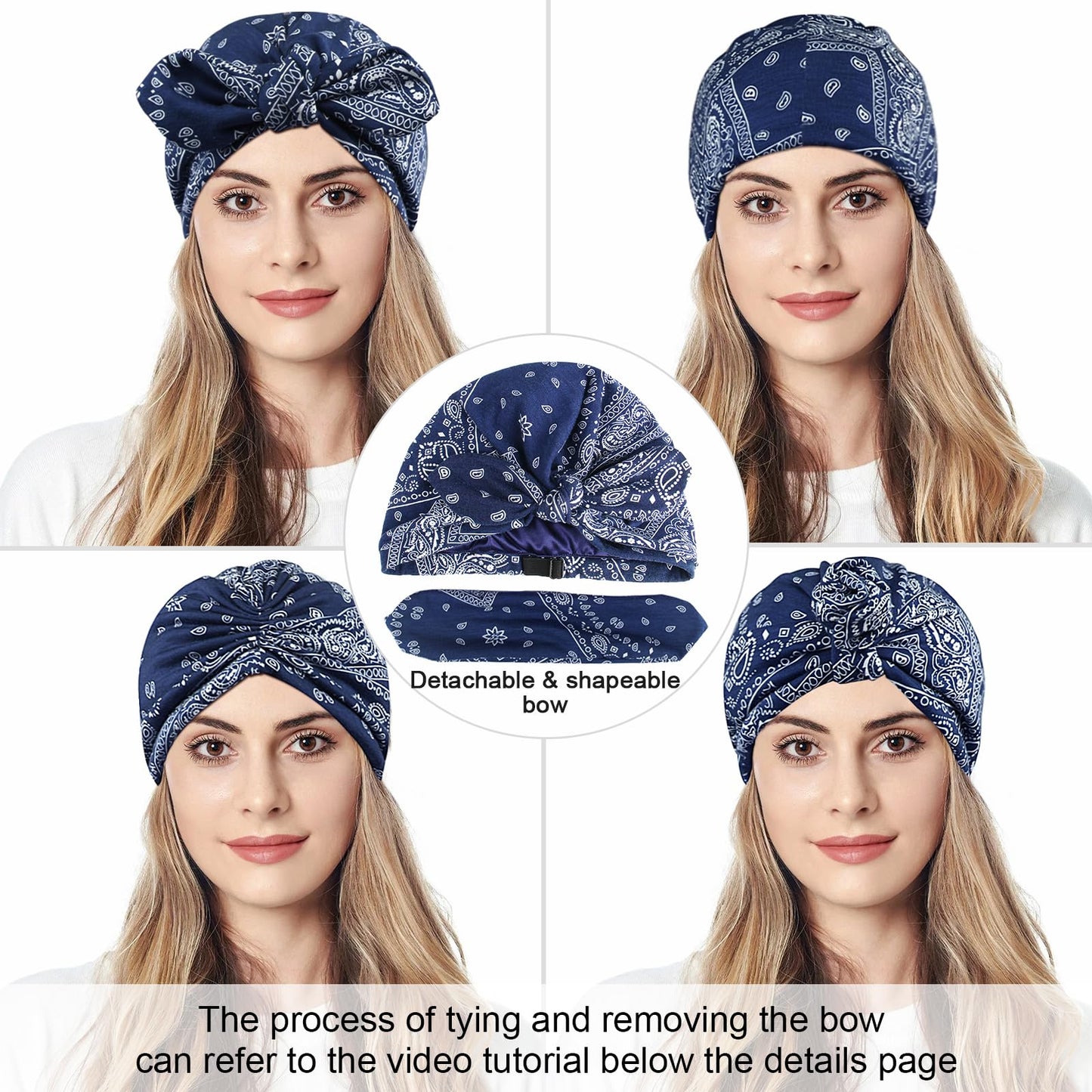 Ababalaya 2PCS Satin Lined Beanies for Women Chemo Headwear Silky Lined Cotton Sleeping Cap (2, 2Navy Blue)