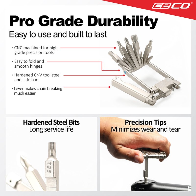 CECO USA 13 Function Bike Tool with Chain Breaker, Bicycle Multi Tool, Ultra Slim, Compact Pocket Sized, Lightweight, High Strength CR-V 6150 Tool Steel, Easy To Carry, Case Pouch Included, Road