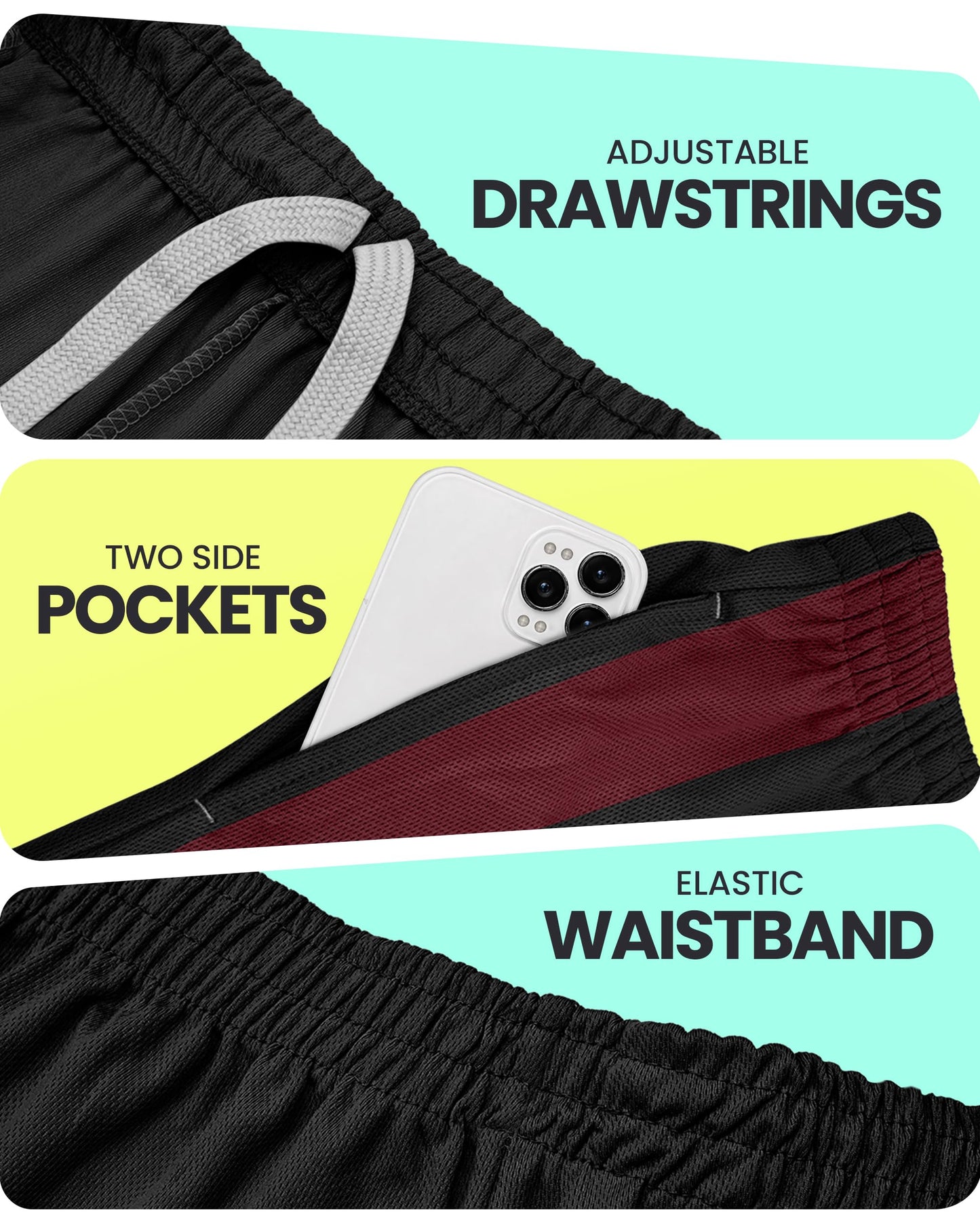 NY Threads Men's Athletic Shorts Quick Dry Loose-Fit Lightweight Running Workout Gym Shorts with Pockets, Medium, Black Burgundy Panel
