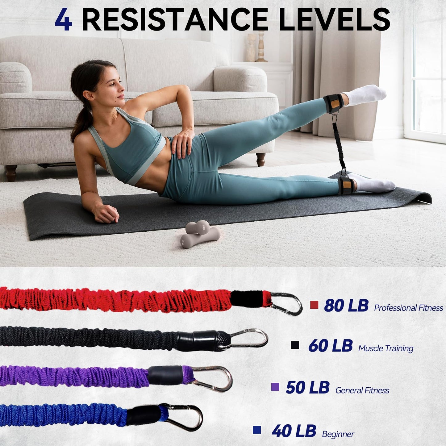 Ankle Resistance Bands with Cuffs Leg Strength Bands for Women Glutes Hip Building Exercise Bands for Working Out Fitness Yoga Martial Arts Ankle Straps for Butt Lift Exercise Equipment (Purple-50lb)