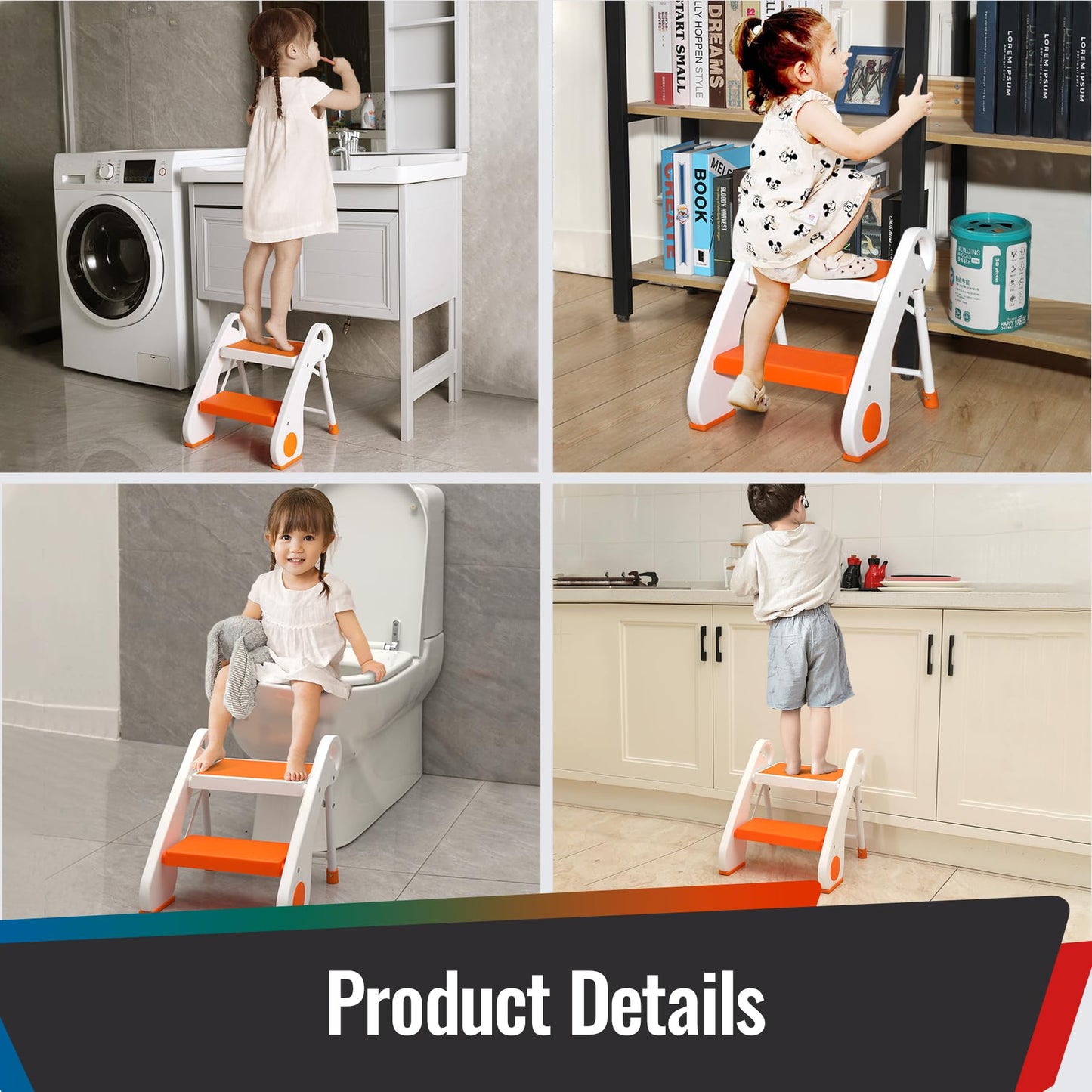 STOODER Toddler Step Stool - Foldable 2-Step Stool with Non-Slip Rubber Feet & Platform, Safety Lock, 300lbs Capacity, Lightweight for Potty Training, Bathroom Sink, Kitchen, Orange