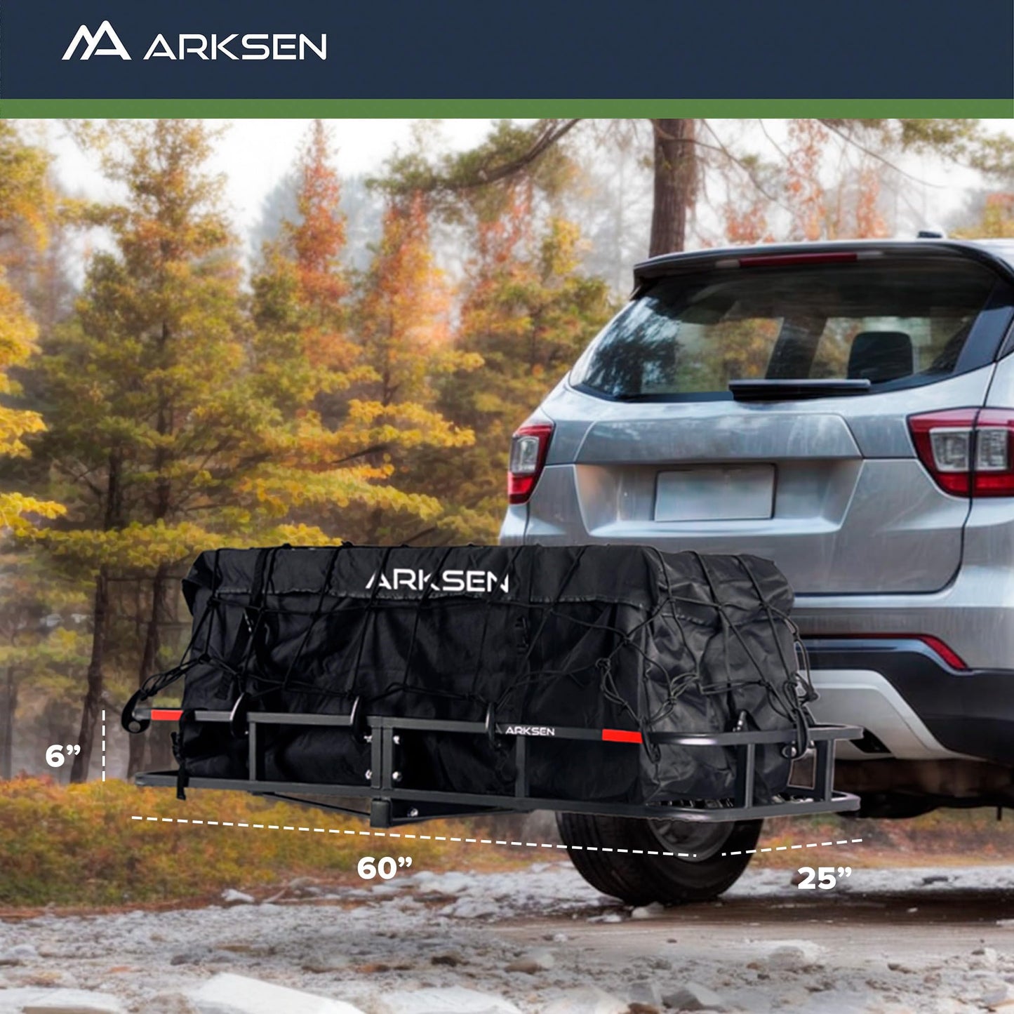 ARKSEN 60 x 25 Inch Folding Cargo Rack Carrier with Waterproof Cargo Bag & Nylon Net 500 Lbs Heavy Duty Capacity 2 Inch Receiver Luggage Basket Hitch Fold Up for SUV Pickup Camping Traveling