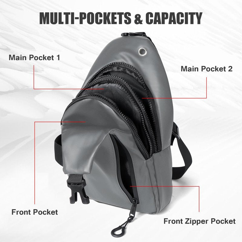 VALUEQLO Waterproof Sling Bag for Men Women Crossbody Backpack with USB Charging Port & Headphone Hole, Anti Theft Chest Pack Daypack, Adjustable Shoulder Bag for Travel, Hiking, Running, Light Grey