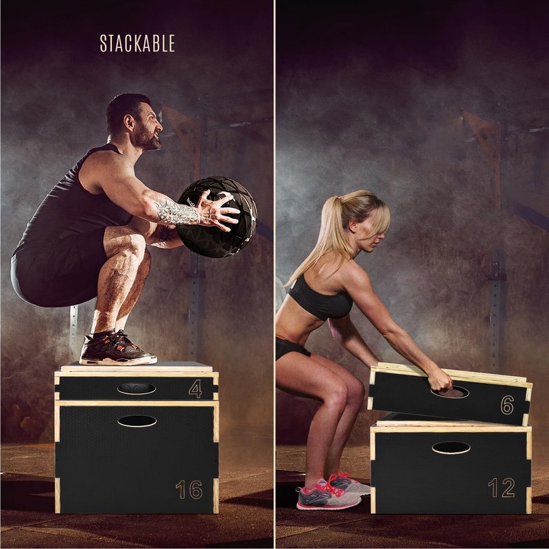 Yes4All Stackable Wooden Plyo Box, Plyometric Box with Anti-Slip Surface for Home Gym & Outdoor Workout - Black - 4", C756
