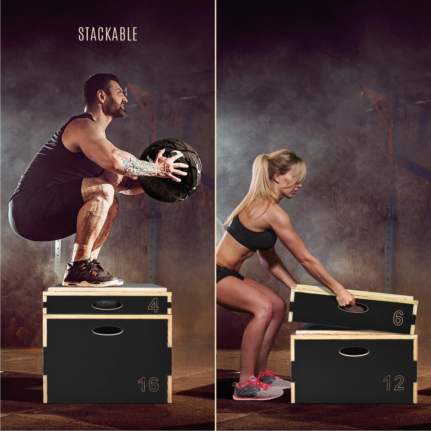 Yes4All Stackable Wooden Plyo Box, Plyometric Box with Anti-Slip Surface for Home Gym & Outdoor Workout - Black - 16"