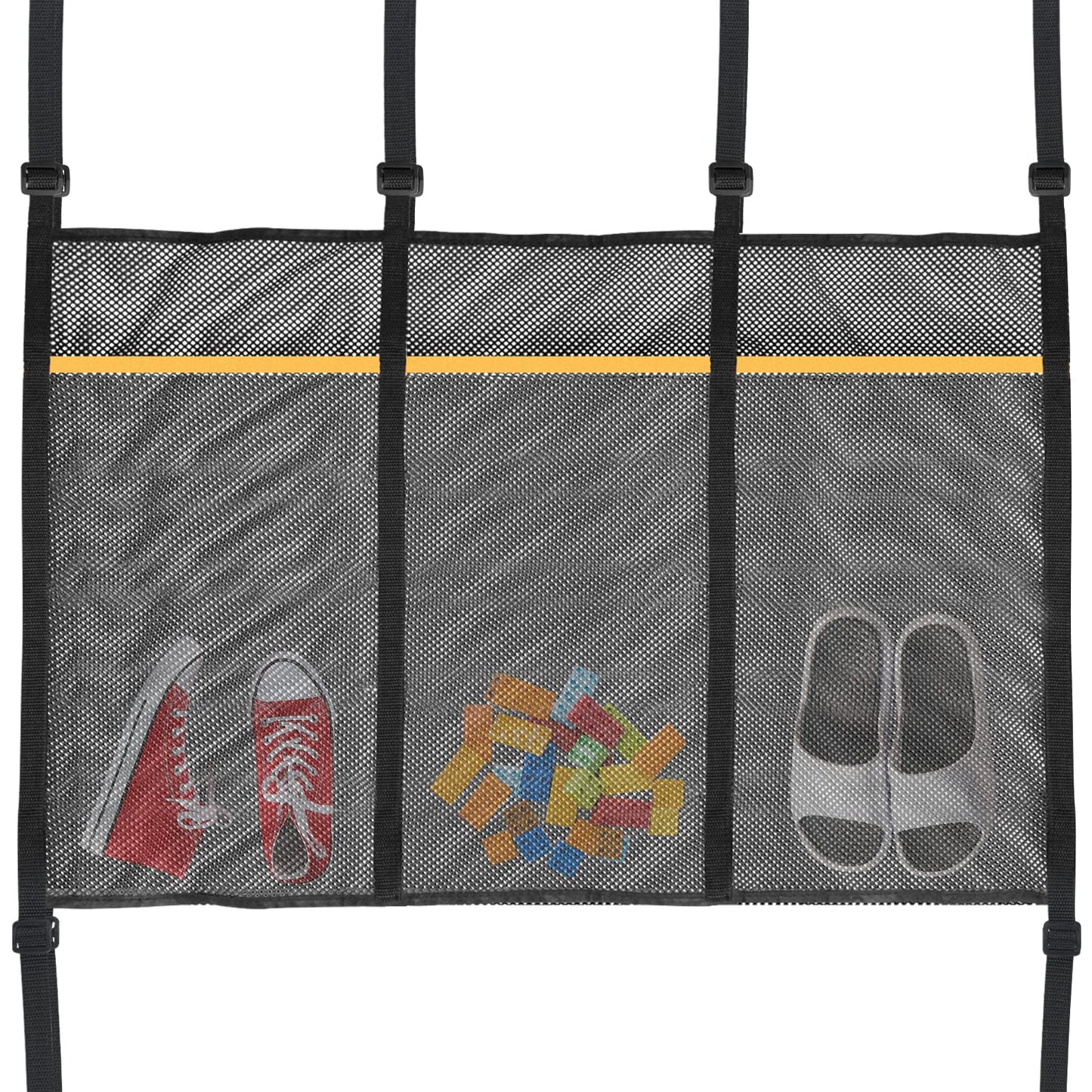 Mordx Trampoline Shoes Bag, 3 Pouch Storage Mesh Bag Trampoline Shoe Holder,Indoor Household Item Fitness Shoes Organizer, Trampoline Item Storage Accessories Equipment Bag, black
