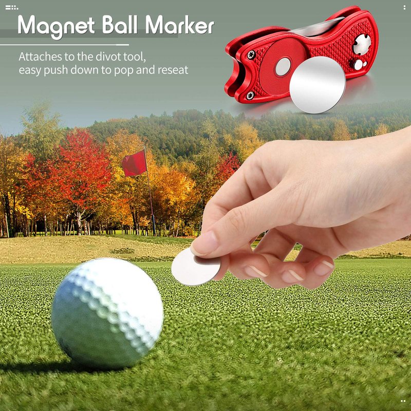 Skylety 4 Pcs Golf Divot Repair Tool Metal Foldable Golf Divot Tool with Magnetic Pop-up Button Ball Marker Stainless Steel Switchblade for Golfers Prizes(Red, Silver, Gray, Black)