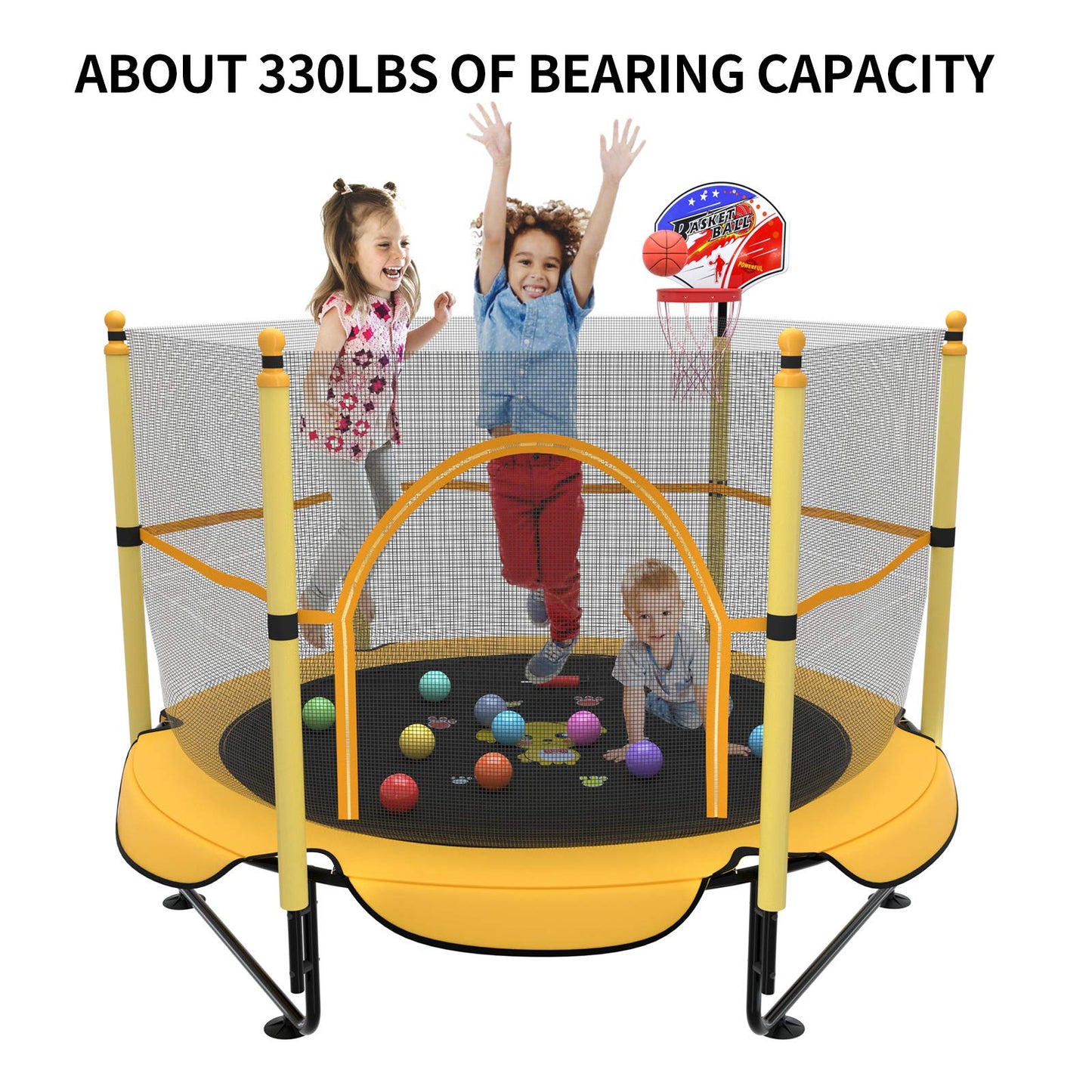 5FT Trampoline for Kids Toddler Indoor Trampoline with Safety Enclosure Net, Mini Basketball Hoop, Jumping Mat for Home Entertainment Equipment Outdoor Backyard Games (Yellow)