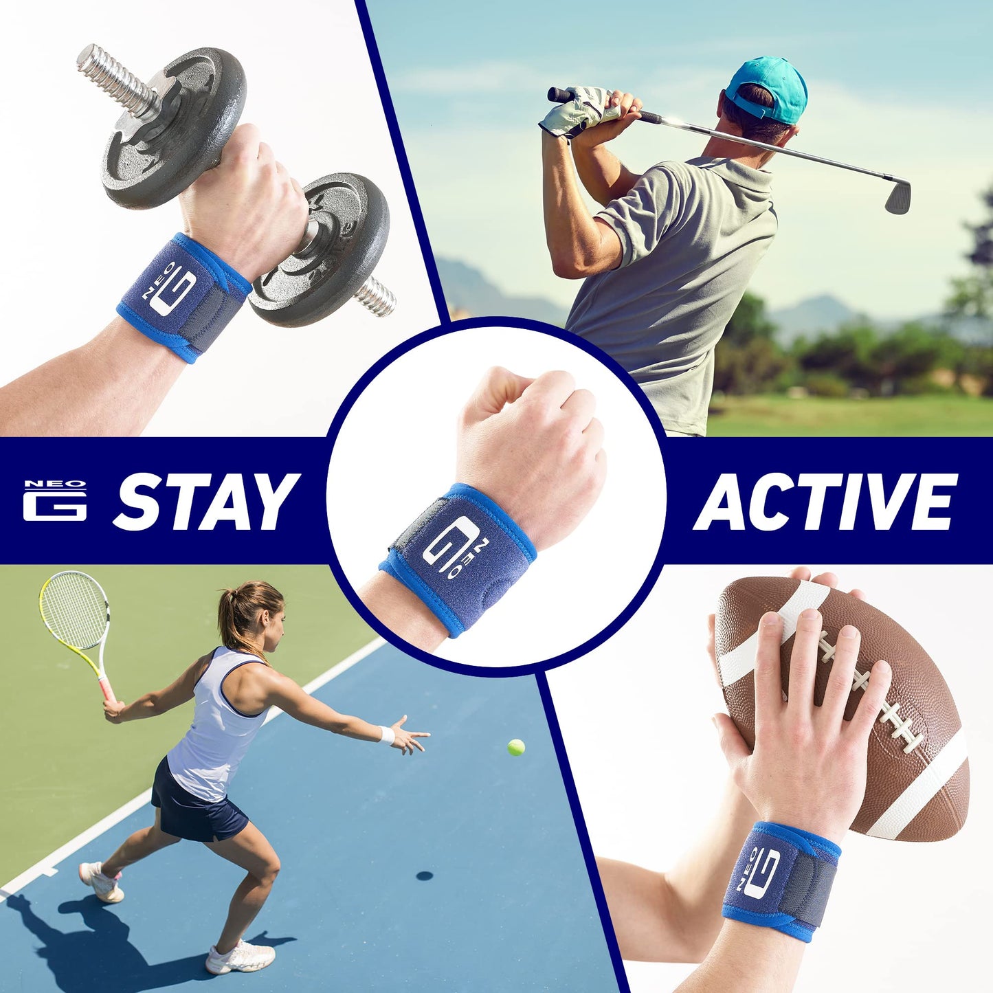 Neo-G Wrist Band - Support For Joint Pain, Arthritis, Sprains, Strains, Instability, Sports, Golf, Tennis, Basketball - Adjustable Compression - Class 1 Medical Device - One Size - Blue