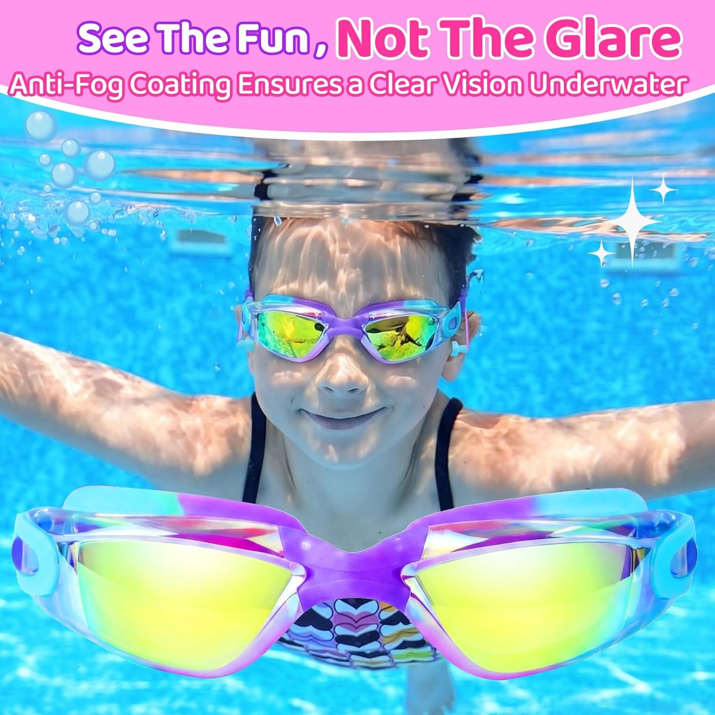 Vvinca Kids Swimming Goggles - Anti-Fog UV Protection | Leak-Proof Design, 2-Pack for Ages 3-15