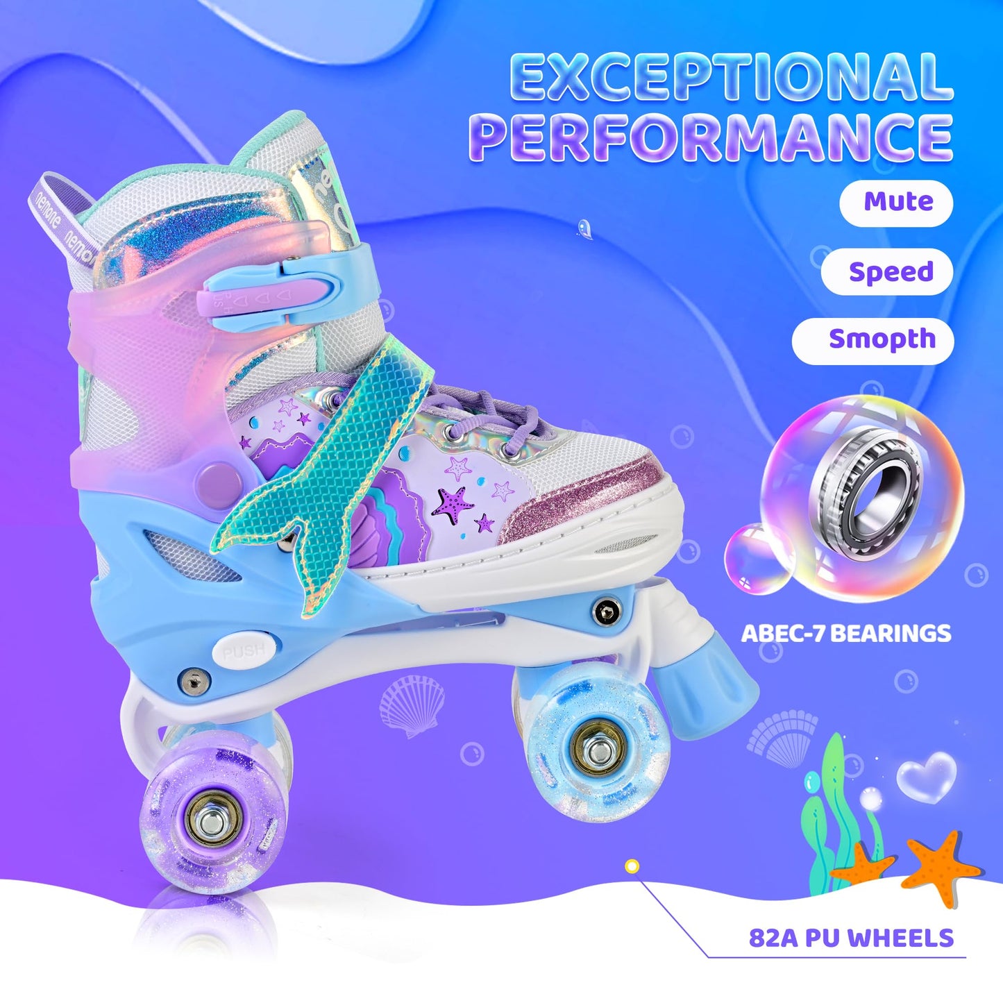 NEMONE Mermaid 4 Size Adjustable Light up Roller Skates for Girls, Blue Purple Skates for Toddlers, Beginner Kids Roller Skates Indoor Outdoor (Blue M)