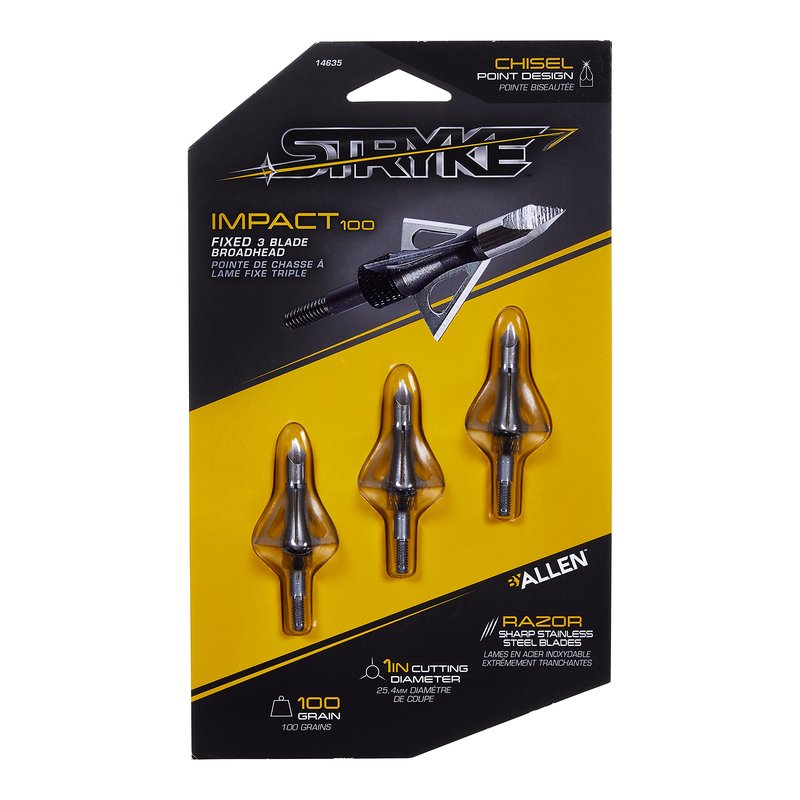 Allen Company Stryke Impact Fixed Blade Broadhead by Allen Company, 100-Grain, 3-Pack,Silver