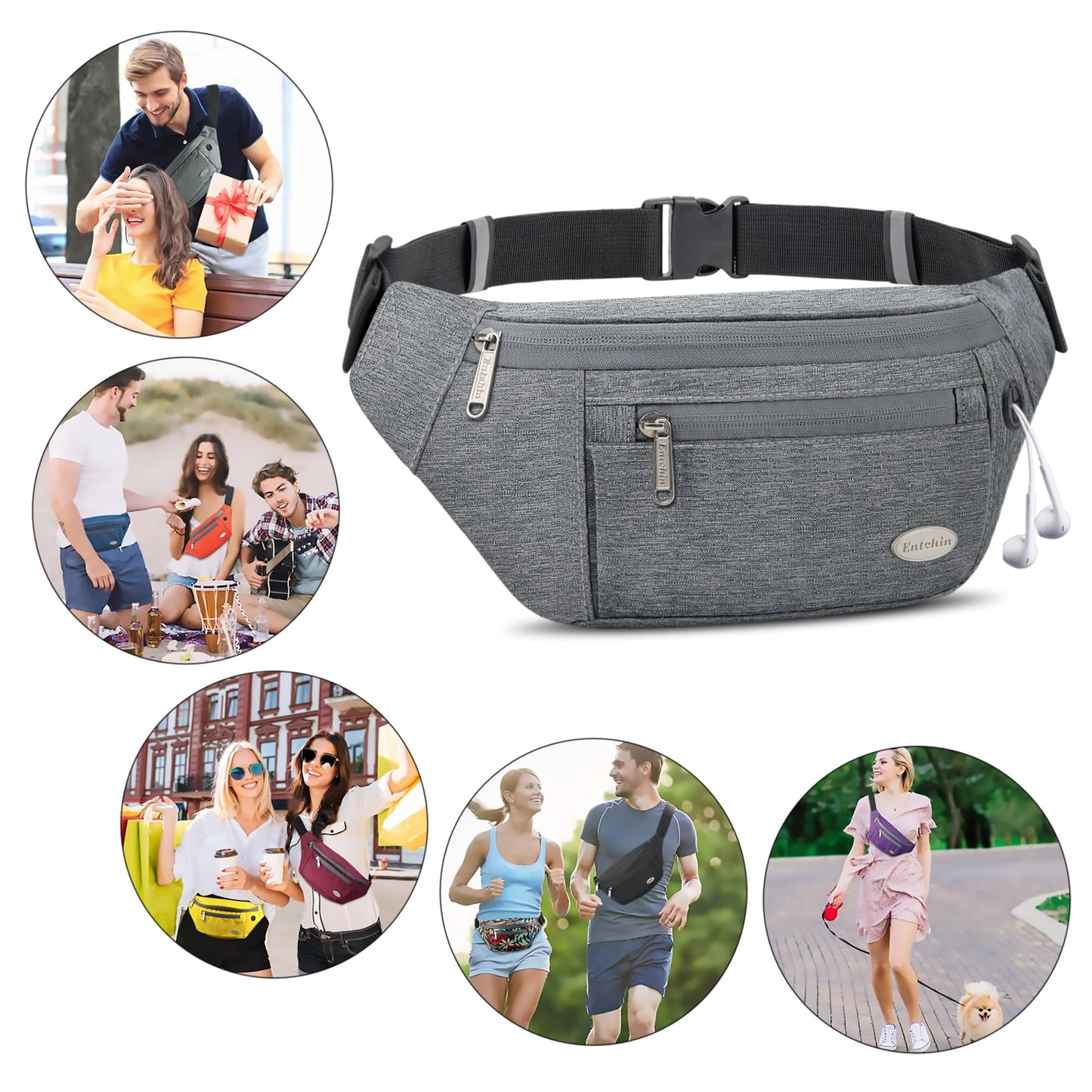 Entchin Fanny Pack for Women Men, Large Capacity Crossbody Waist Bags for Hiking Running Travel Cycling Fits Any Phones