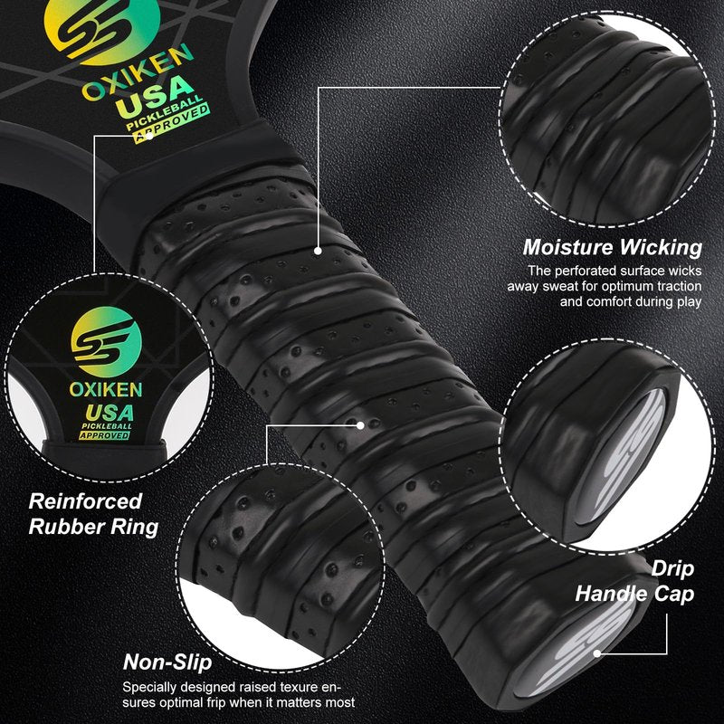 SS OXIKEN Pickleball Paddles Set of 4, USAPA Approved Carbon Fiber Pickle Ball Paddle (CHS), Polypropylene Honeycomb Core, Anti Slip Sweat Absorbing Grip, 4 Replacement Soft Grip, 6 Pickleball, Bag