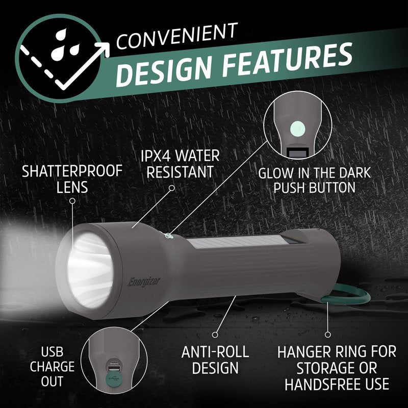 Energizer S-600 LED Flashlight Rechargeable Solar and AA Battery Power Options, Super Bright IPX4 Water Resistant Flashlights High Lumens for Emergencies, Outdoors, DIY