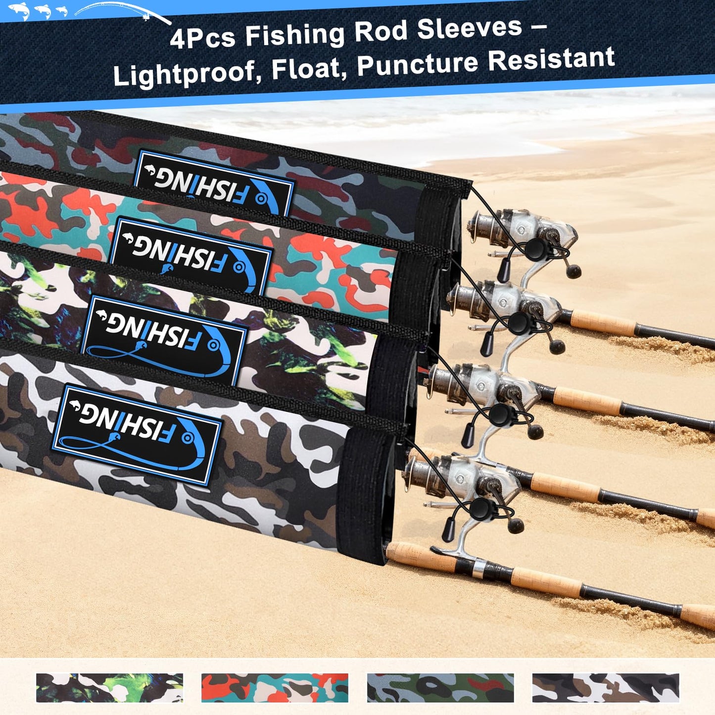 MONYES Neoprene Fishing Rod Sleeves for Casting, Spinning, Trolling Pole - Protective Cover Rod Sock with Hanging Loop & Lanyard- Floating, Puncture Resistant, Lightproof (58in, 4P)