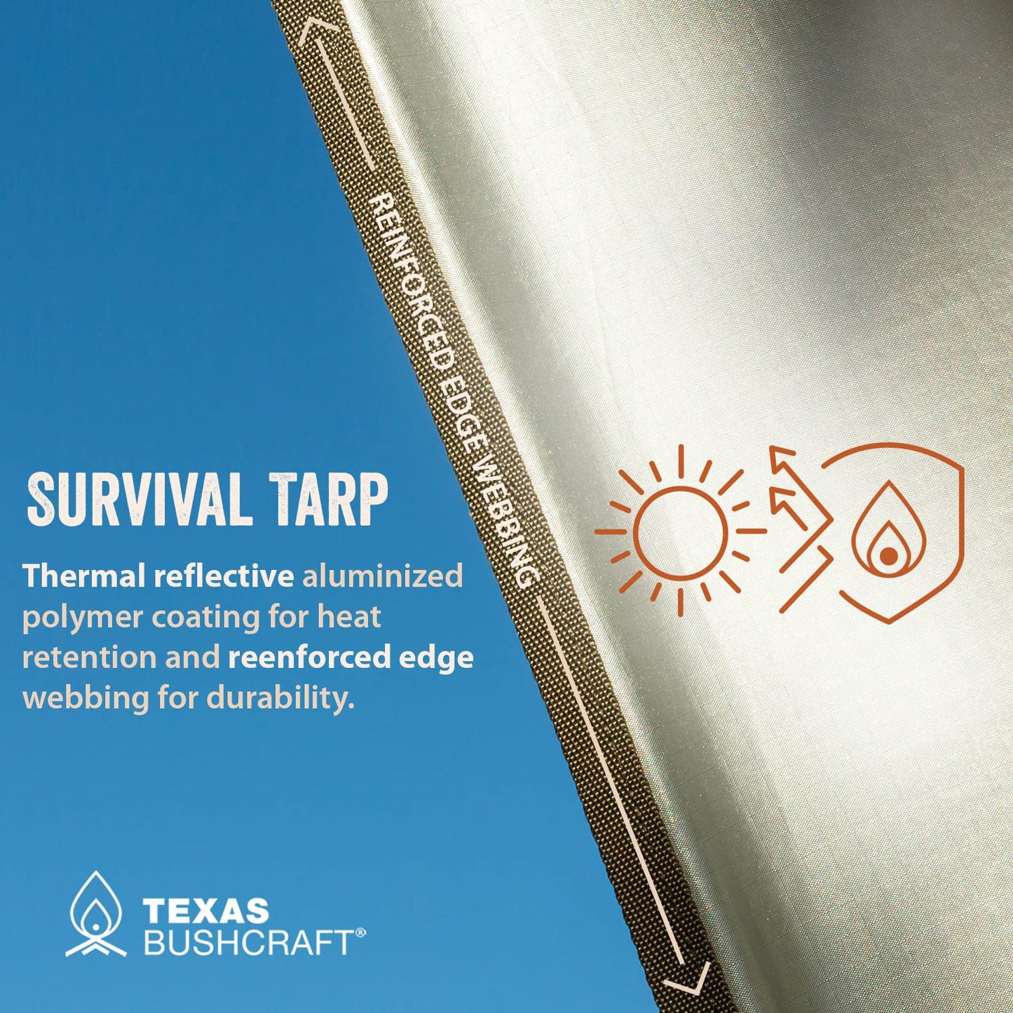 Texas Bushcraft Emergency Camping Tarp, Waterproof 10x10 Emergency Shelter for Backpacking and Hiking, 70D Ripstop Nylon Survival Tarp with Reflective Aluminized Polymer and Loop Ties with Grommets