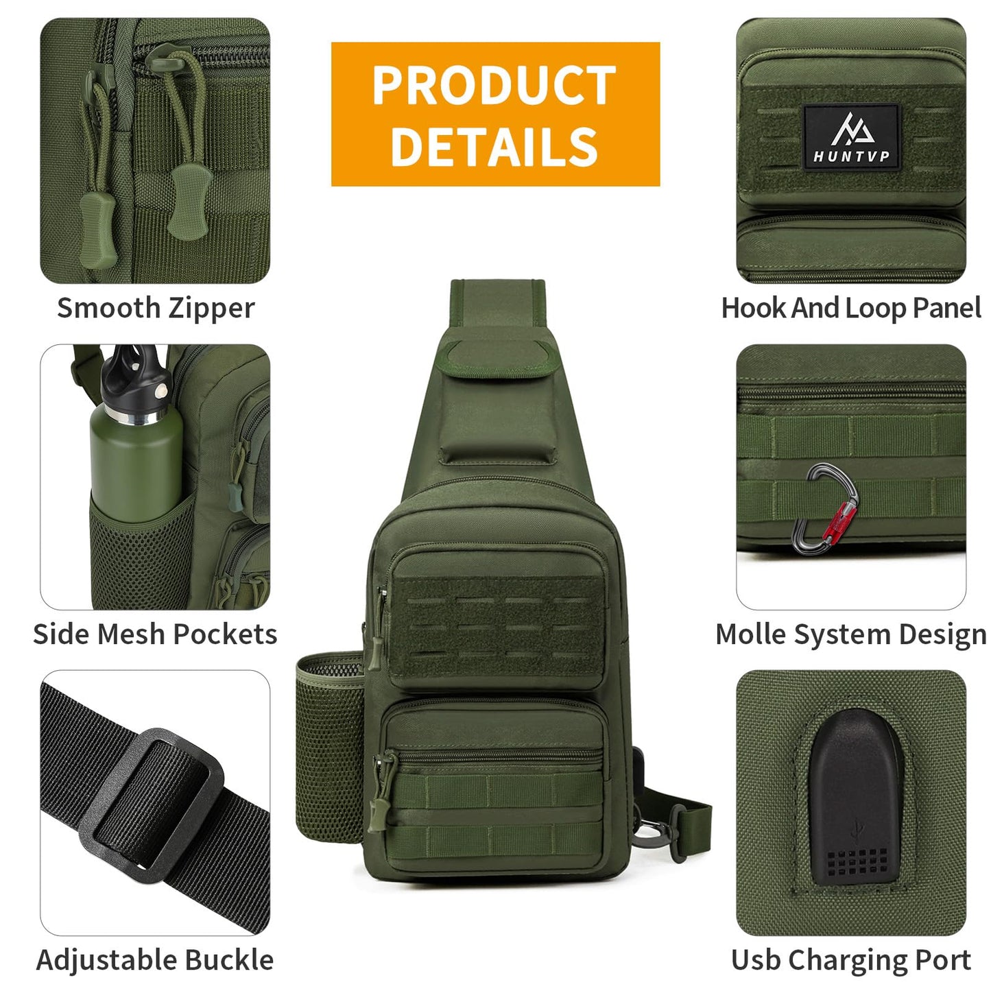HUNTVP Tactical Sling Bag Crossbody Bag for Men Women EDC Shoulder Bags Molle Sling Backpack Chest Pack for Hiking Hunting Travelling Camping (Type3-Army Green)