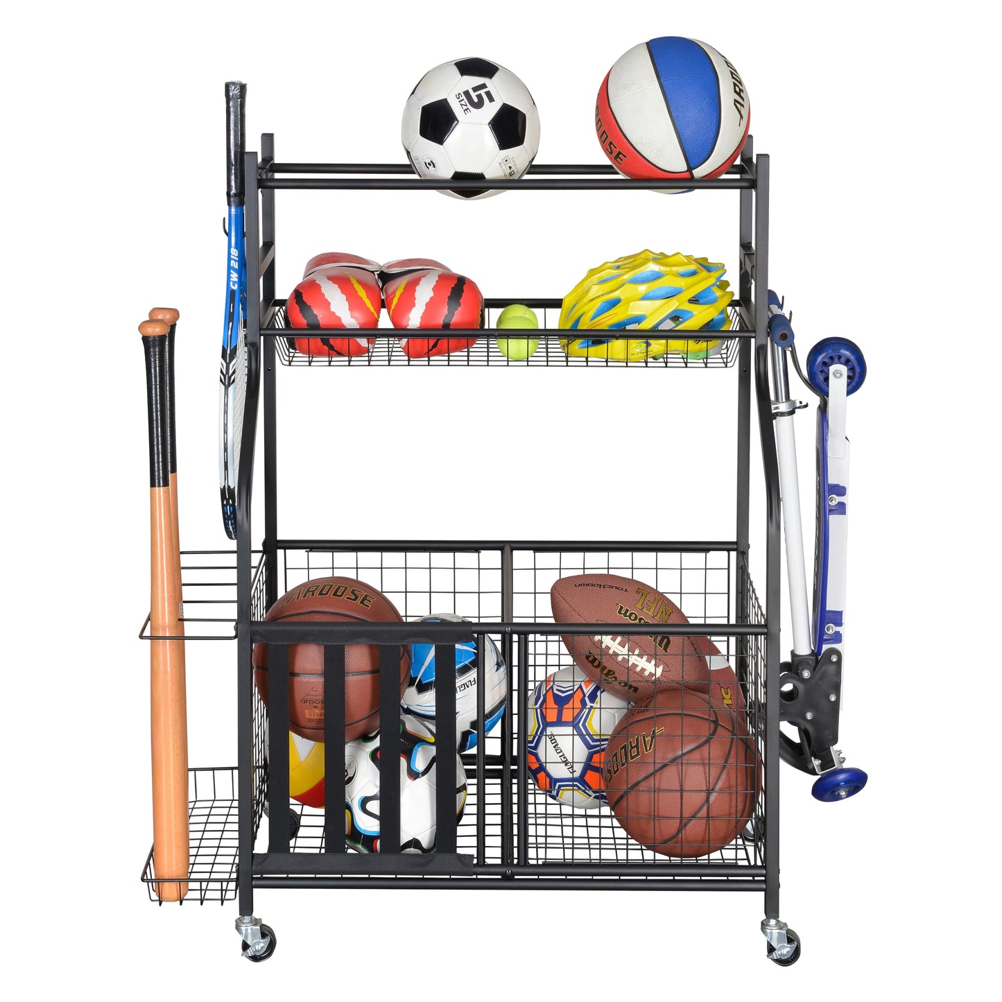 Snail 4-Tier Garage Sports Equipment Storage Organizer Sports Ball Storage Rolling Cart with Basket and Hooks Lockable Sports Ball Cage Storage Rack for Garages, Playgroup, Gym and Schools, Black