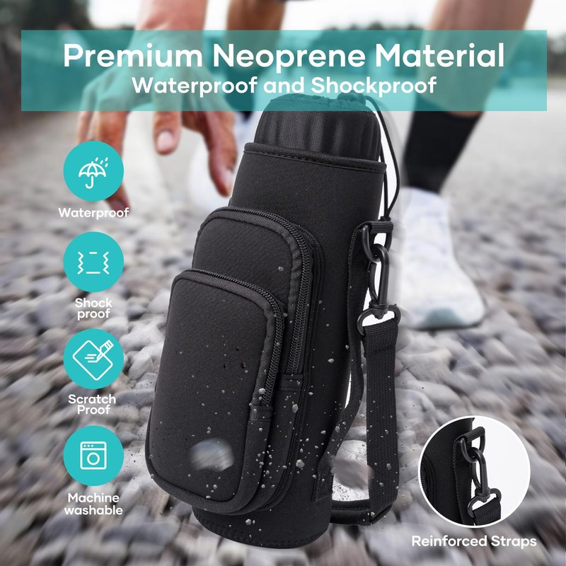 Water Bottle Carrier Bag,Water Bottle Holder with Straps Phone Pockets Fits Stanley IceFlow Owala 16/24/32/40oz Tumbler(Black)