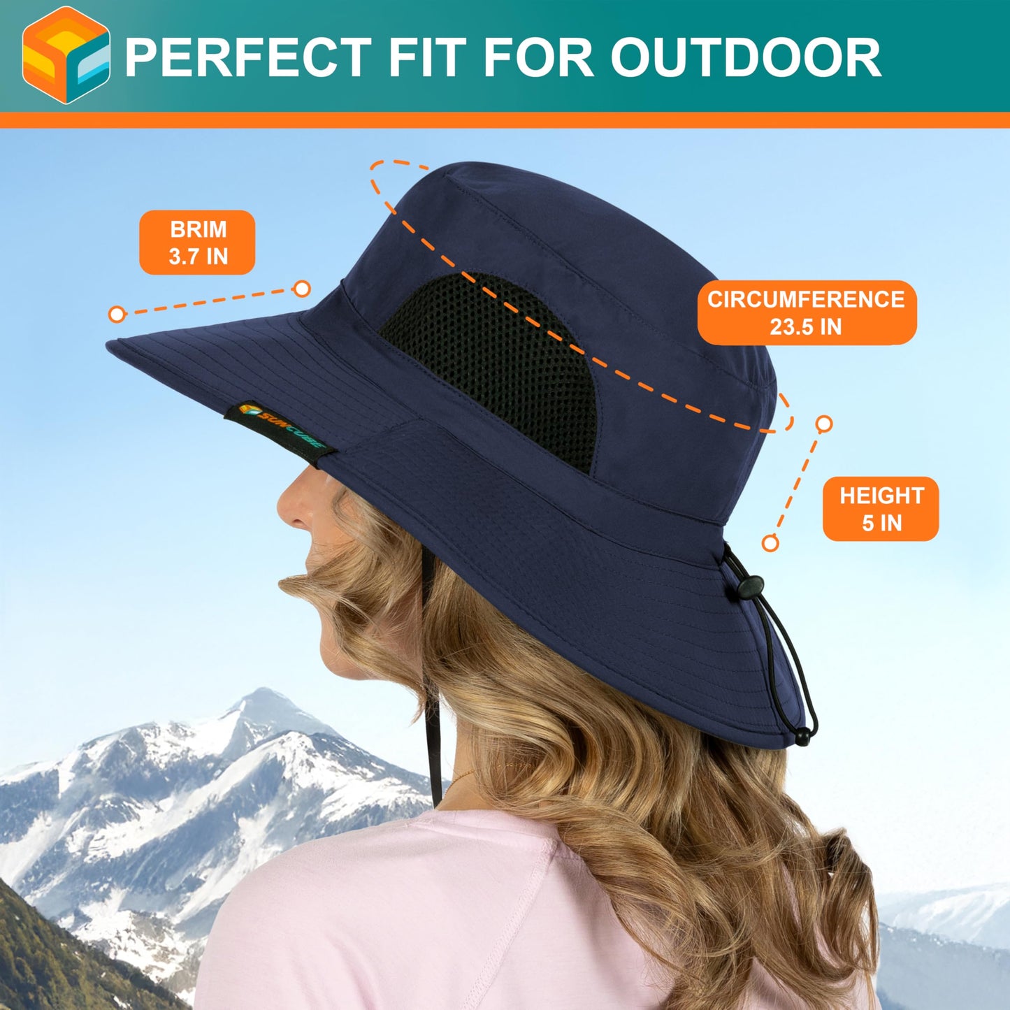 SUN CUBE Wide Brim Sun Hat for Men & Women, UPF 50+ UV Protection, Breathable Mesh Boonie Hat with Adjustable Chin Strap, Packable Fishing Hiking Safari Hat, Navy