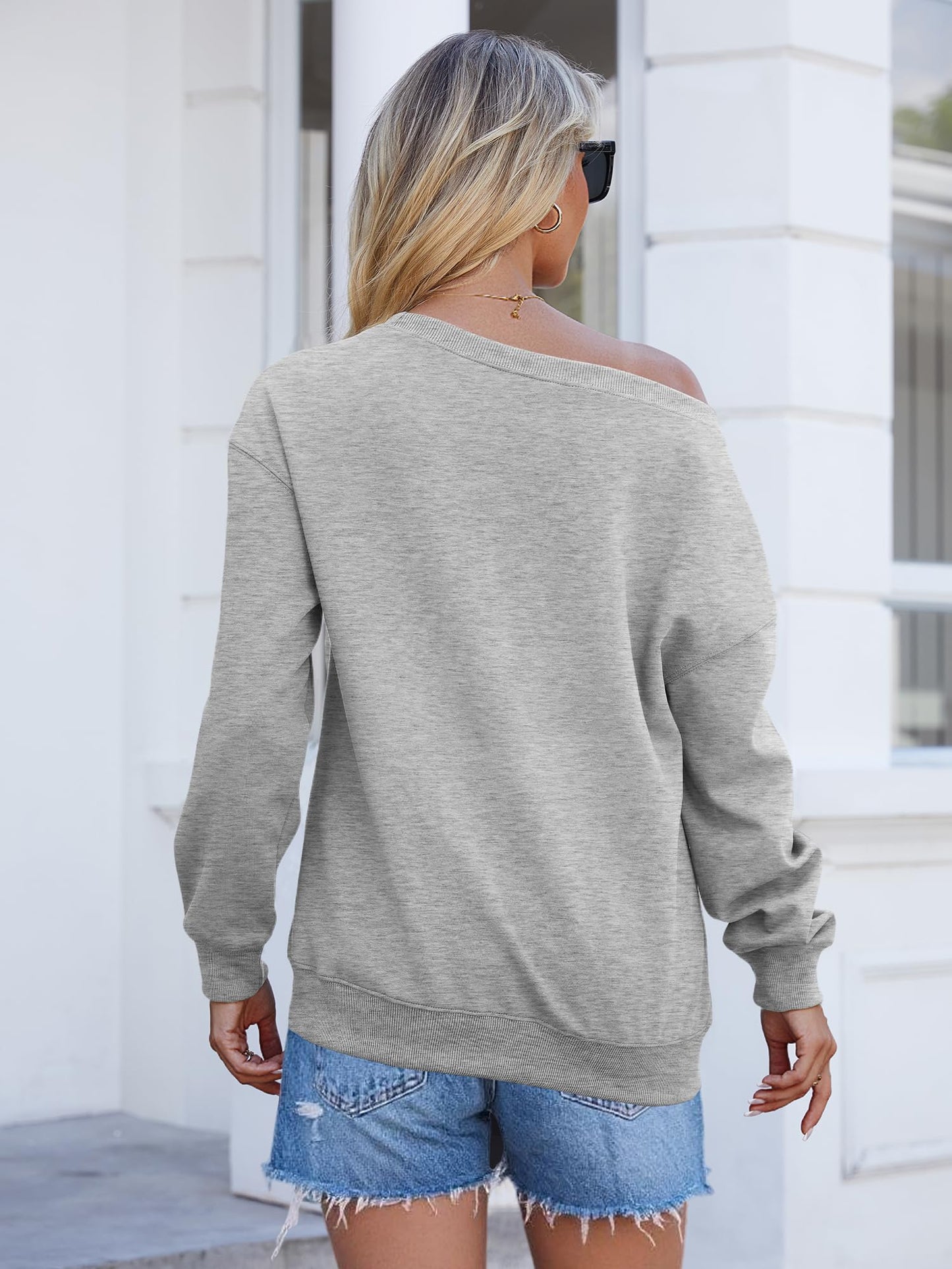 Bellcoco Womens Off the Shoulder Sweatshirt Long Sleeve Loose Pullover Tops Oversized Sweatshirts Trendy Spring Outfits Light Grey M