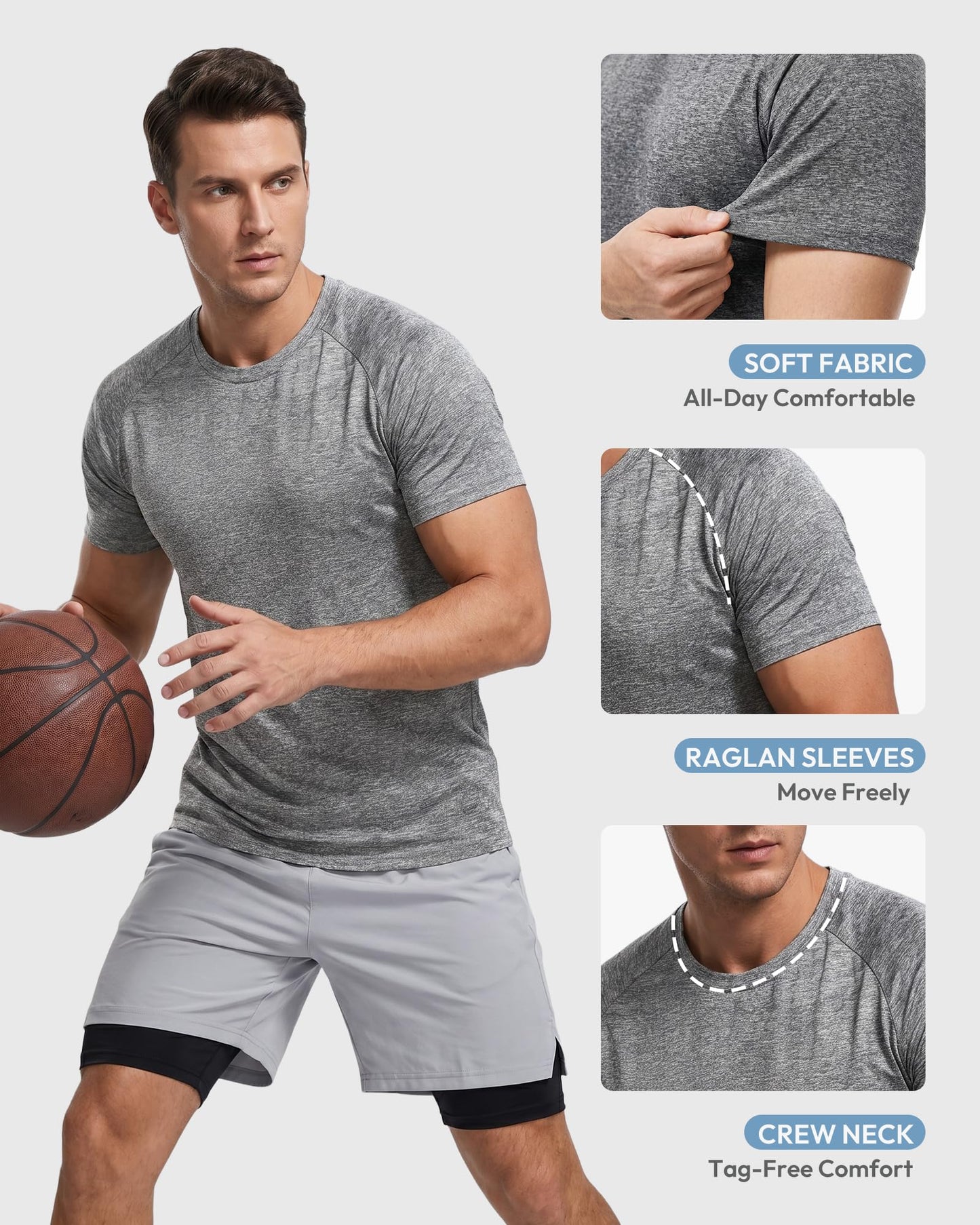 MCPORO Workout Shirts for Men Short Sleeve Quick Dry Athletic Gym Active T Shirt Moisture Wicking 5 Pack Black, Dark Blue, Army Green, Light Grey, Hydro Teal Small