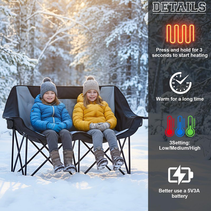 Heated Double Camping Chair for Adults, 4 Heating Zones & 3 Heat Levels, Padded Loveseat Oversize Folding Chair Portable for Outdoor Sports Lawn, Use 5v/3a Power Bank (Not Included)(Black, Gray)