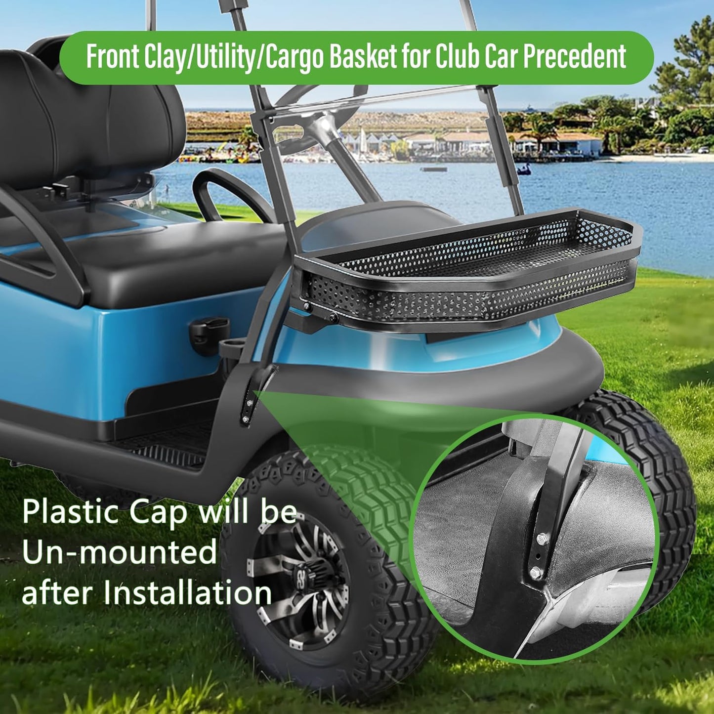 10L0L Golf Cart Club Car Precedent Front Cargo Basket Clay Outer Utility with Mounting Brakets for Gas & Electric Golf Carts, Heavy-Duty Steel Drop Mesh Storage Rack