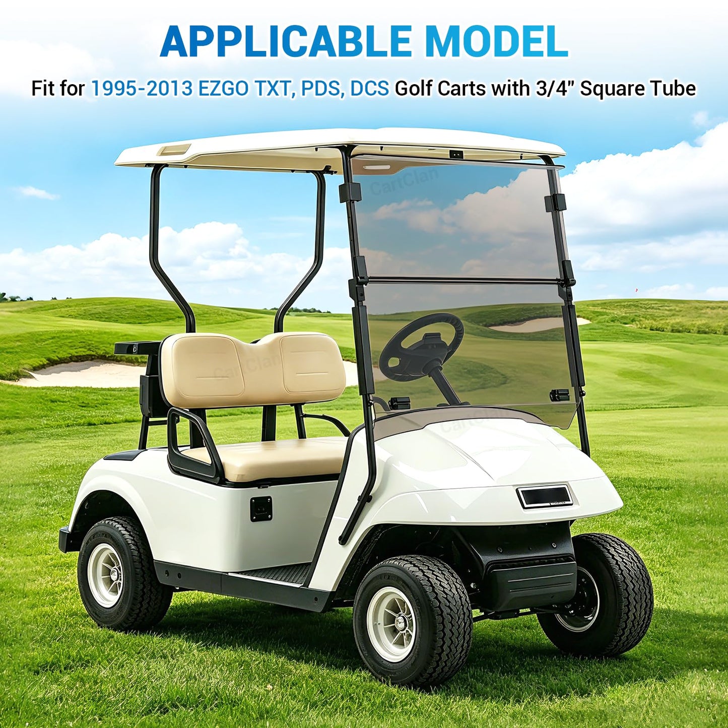 CartClan EZGO Golf Cart Windshield, Foldable EZGO Tinted Windshield for 1995-2013 EZGO TXT, PDS, DCS Golf Carts, UV and Impact Resistant, PC Golf Cart Windshield with Clips