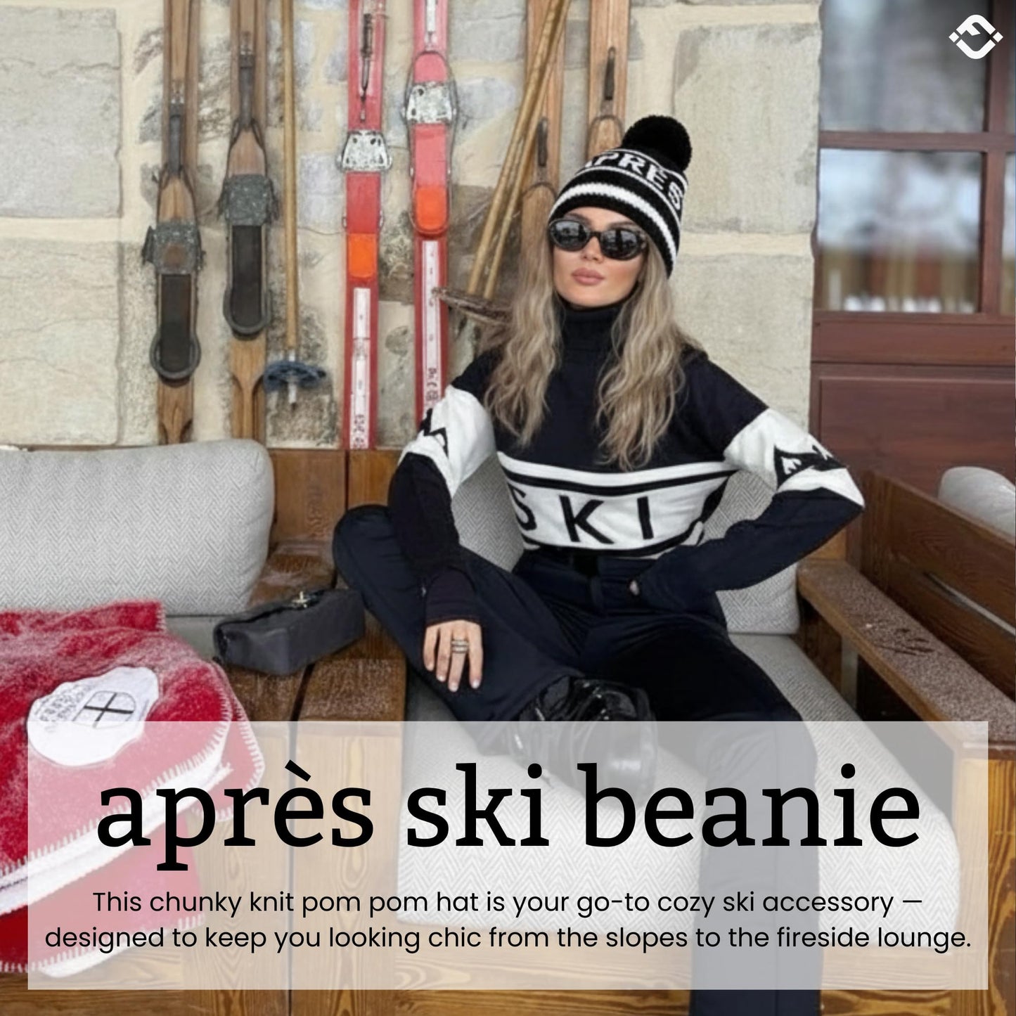 Funky Junque Après Ski Pom Pom Beanie for Women – Oversized Knit Winter Hat, Warm Cozy Womens Hats for Ski Trips & Snow Days - Black (White Lettering)