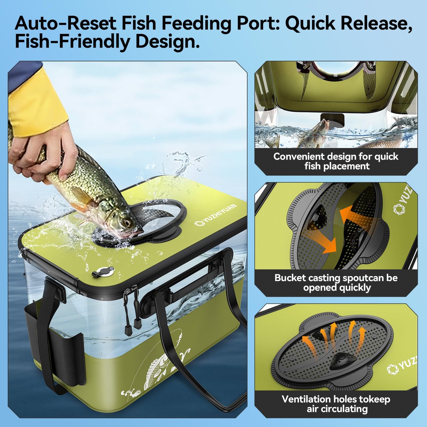 Fishing Bucket Foldable， 6Gallon/8Gallon/10Gallon,Live Fish Container Multi-Functional Live Fish Bait Bucket,for Fishing, Camping, Moving (Green, 6 gallons)