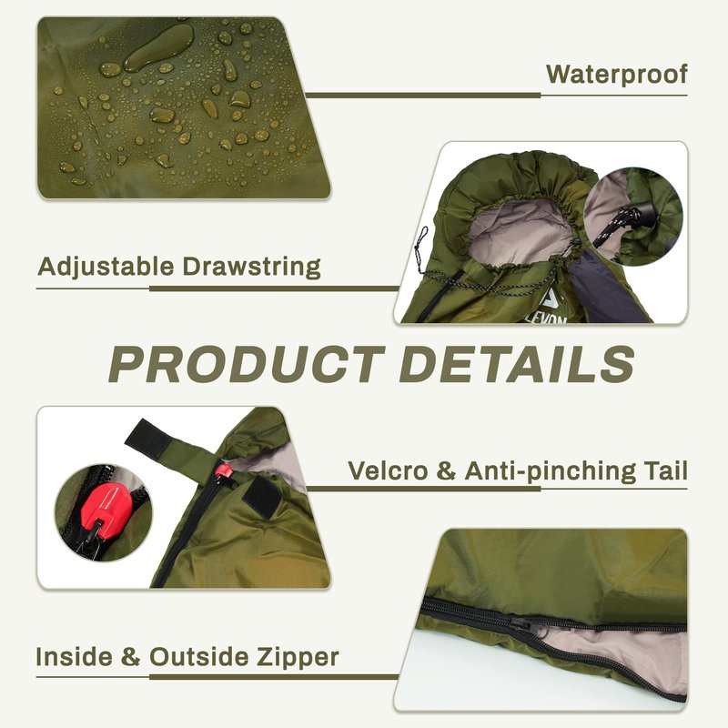 Elevon Sleeping Bag for Adults Teens Kids Cold Warm Weather, Portable Waterproof & Lightweight, Compact with Compression Sack, for 3-4 Seasons Camping, Backpacking, Hiking, Travel, Indoors Outdoors