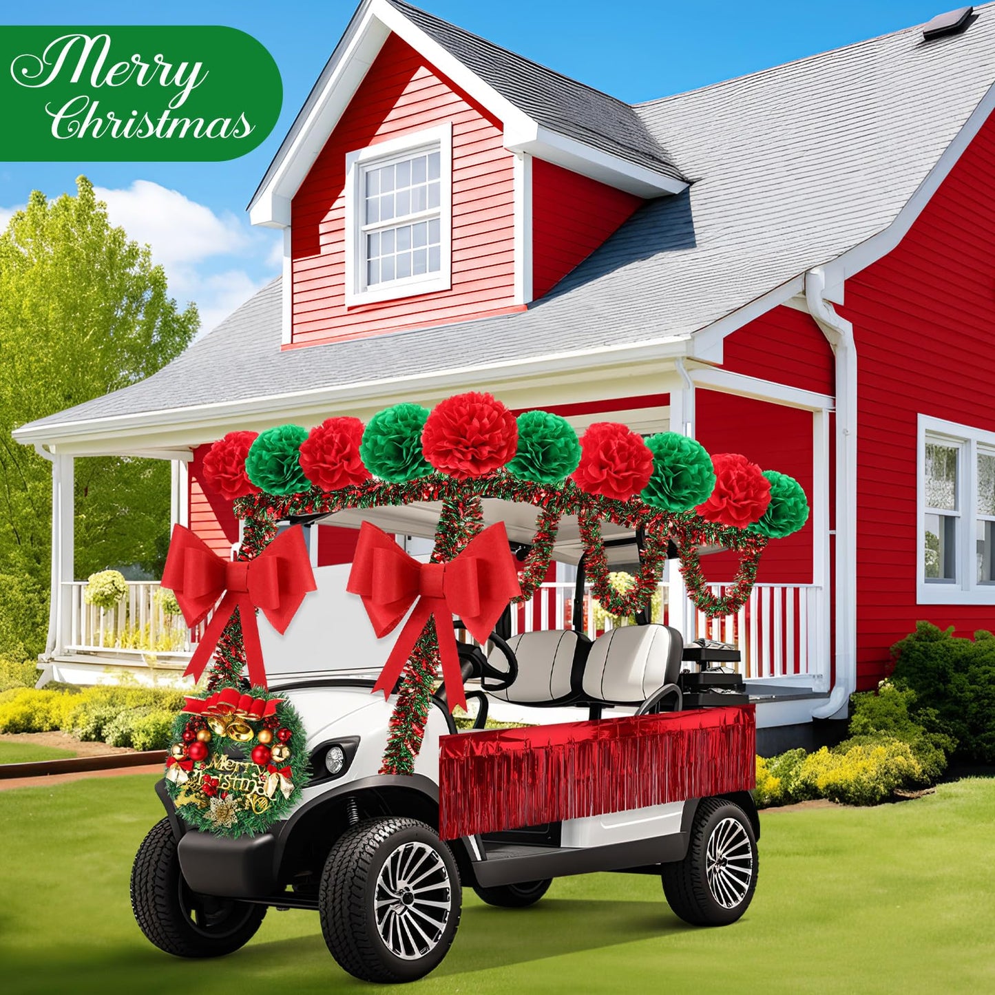Suncalla 16 Pcs Christmas Golf Cart Decorations Christmas Wreath Red Foil Tinsel Banner Red Green Tissue Paper Pompoms Tinsel Garland Jumbo Bow Decoration for Golf Cart Party Supplies Decor