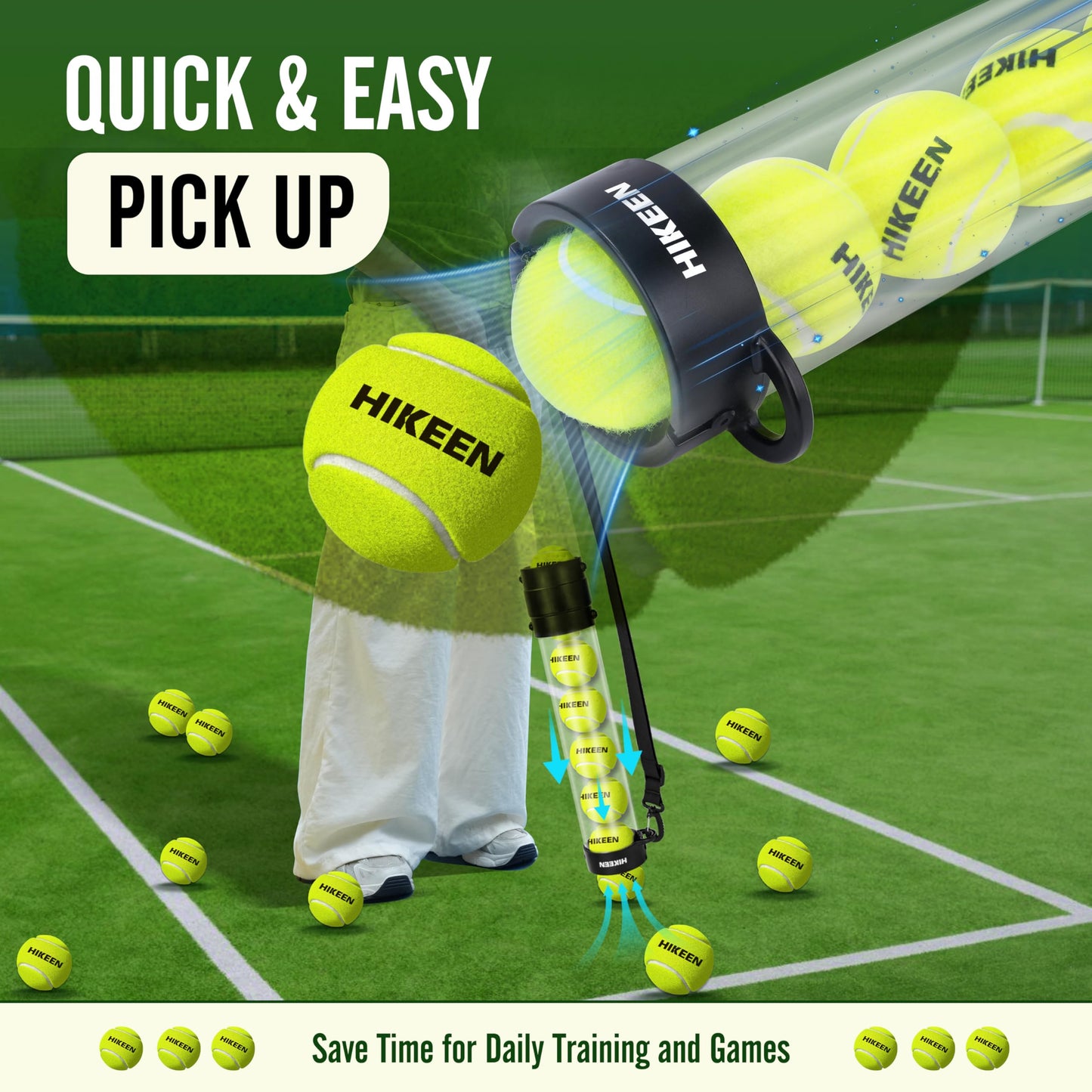 Hikeen Durable Tennis Ball Pick up Tube with 12 Tennis Balls,Quick Pickup & Storage Tennis Ball Tube with Shoulder Strap for Tennis Accessories - Includes 12 Balls