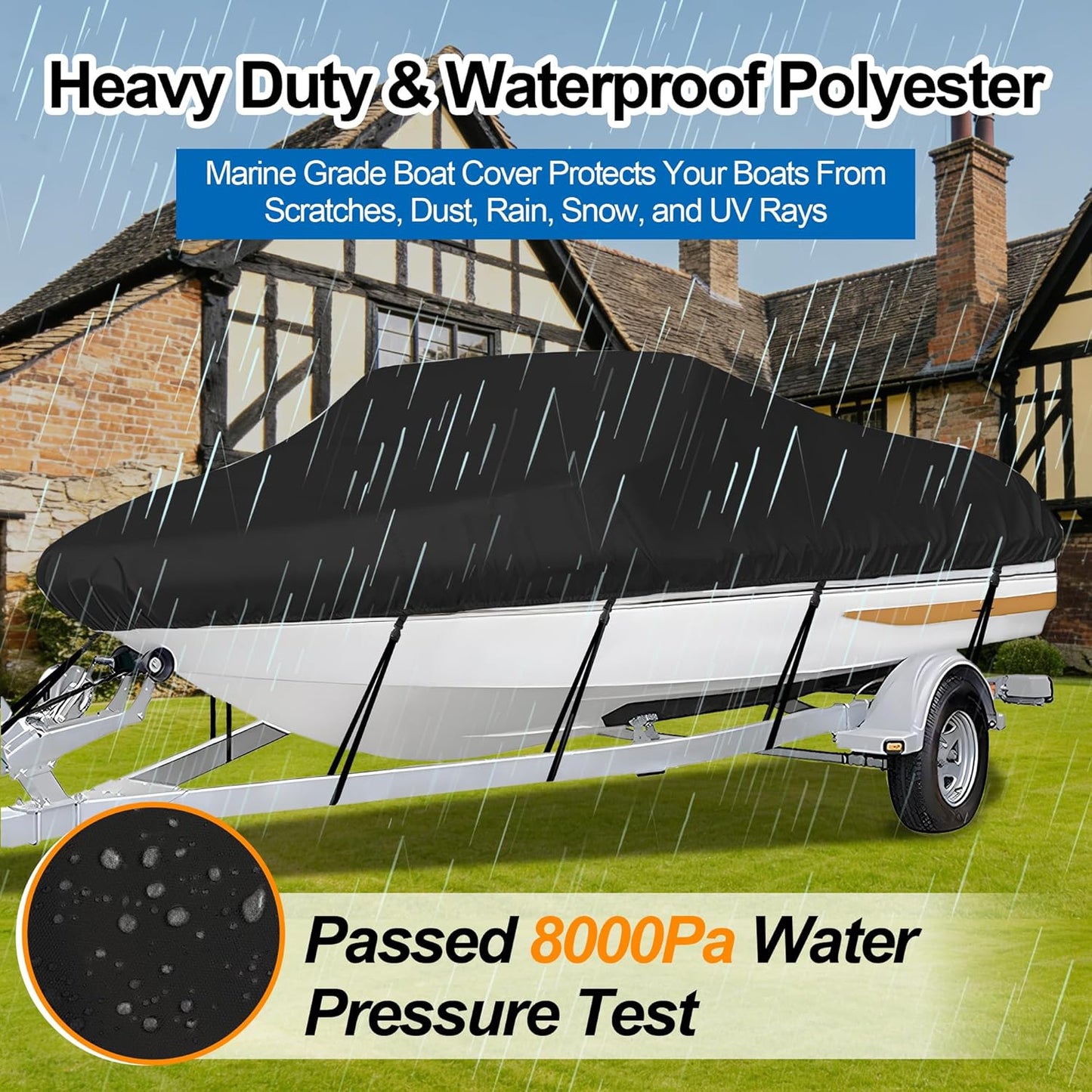 Trailerable Boat Cover - Heavy Duty Waterproof Tarp for V-Hull & Fishing Boats | Fits 14'-16' Length, 90" Width