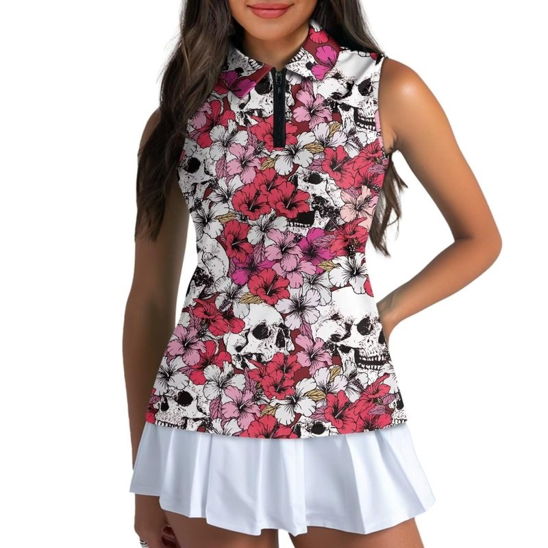 TOADDITDO Skull Golf Shirts for Women 1/4 Zip Sleeveless Sports T-Shirt Floral Quick Dry Tennis Tank Tops Summer Activewear with Collar
