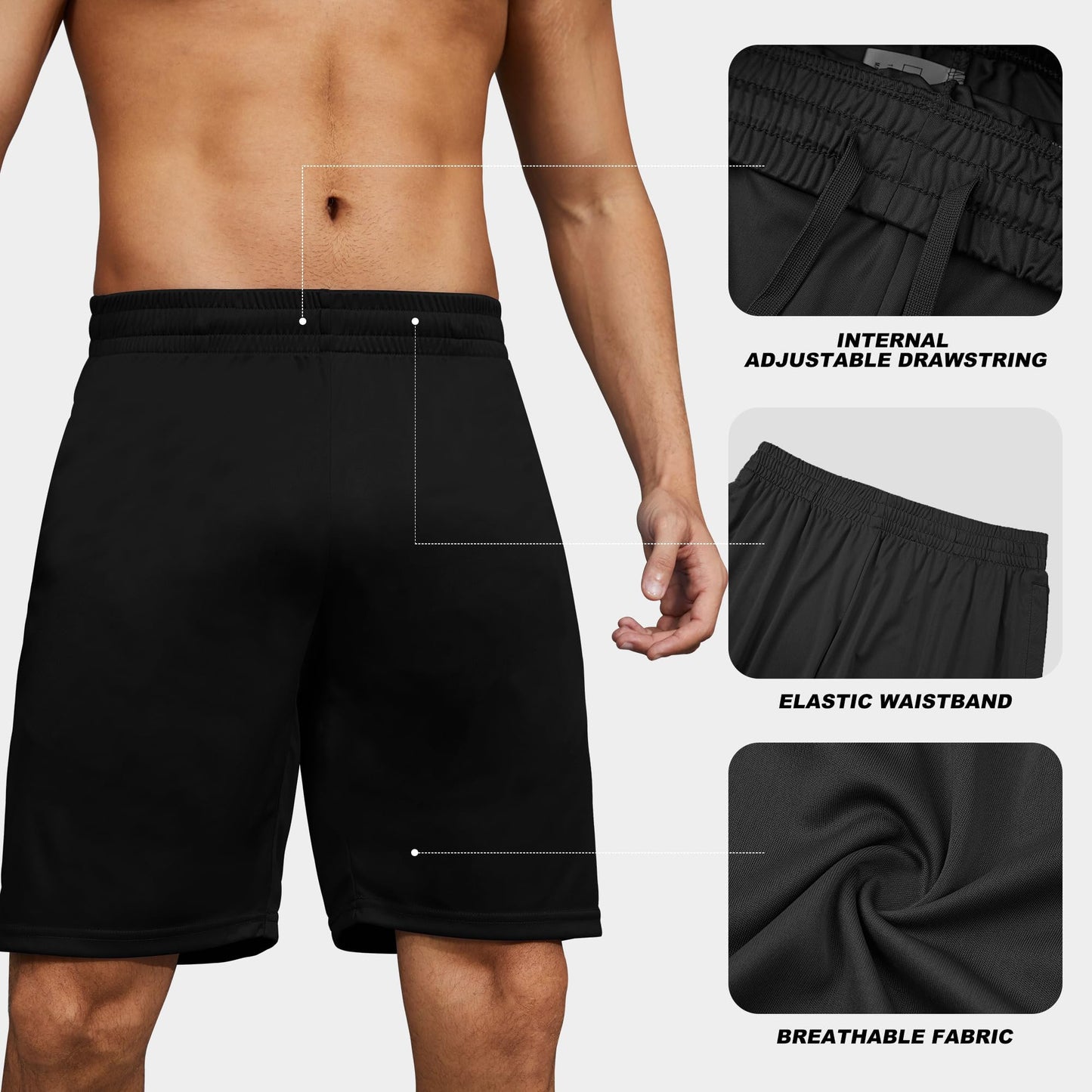BVNSOZ Men's Athletic Shorts with Pockets and Elastic Waistband Quick Dry Workout Shorts for Men, Black, Navy, Blue, Dark Grey, Light Grey, L