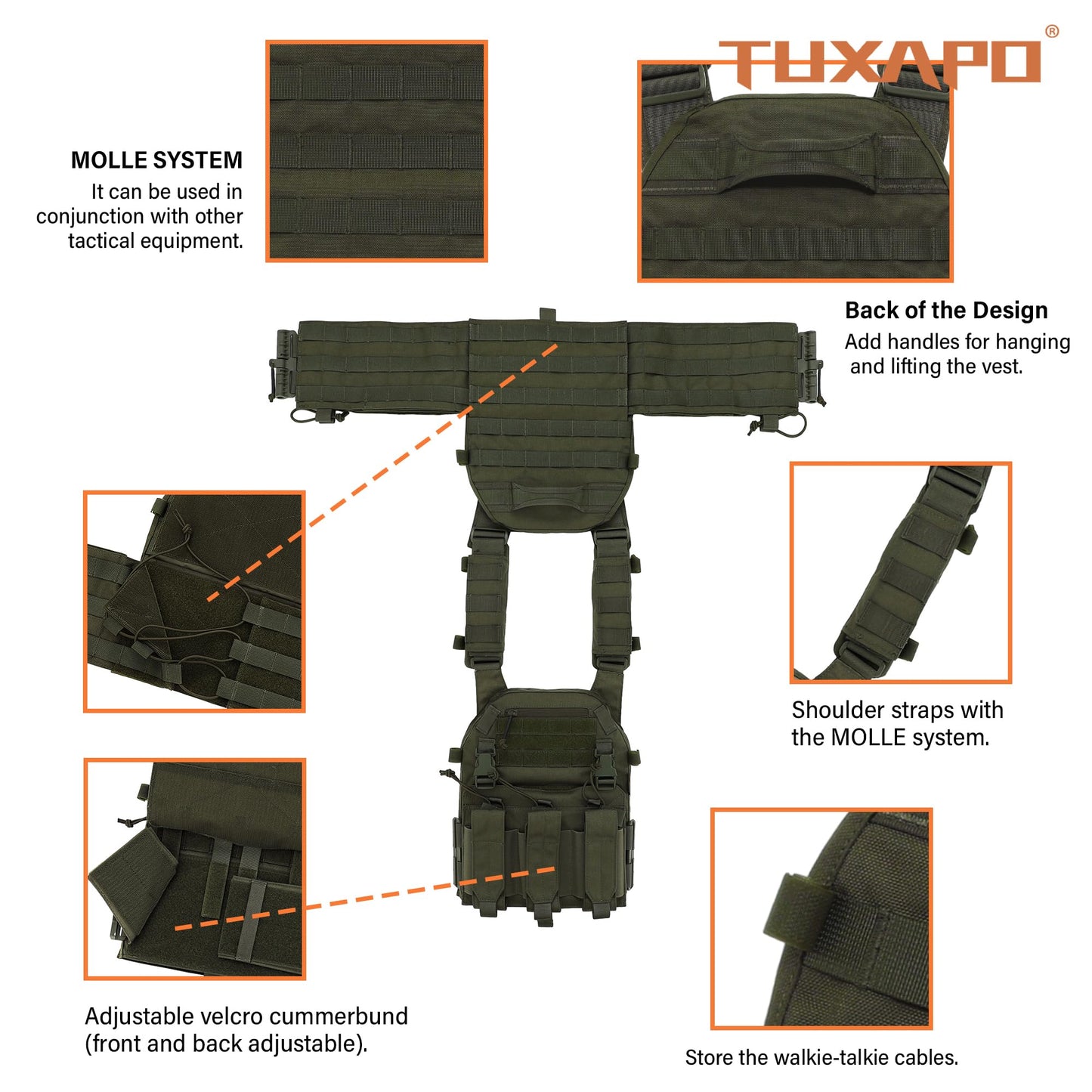 Tuxapo Tactical MOLLE Vests with Triple mag Pouch and Side Cummerbund Pouches, Quick Release Vests for Men