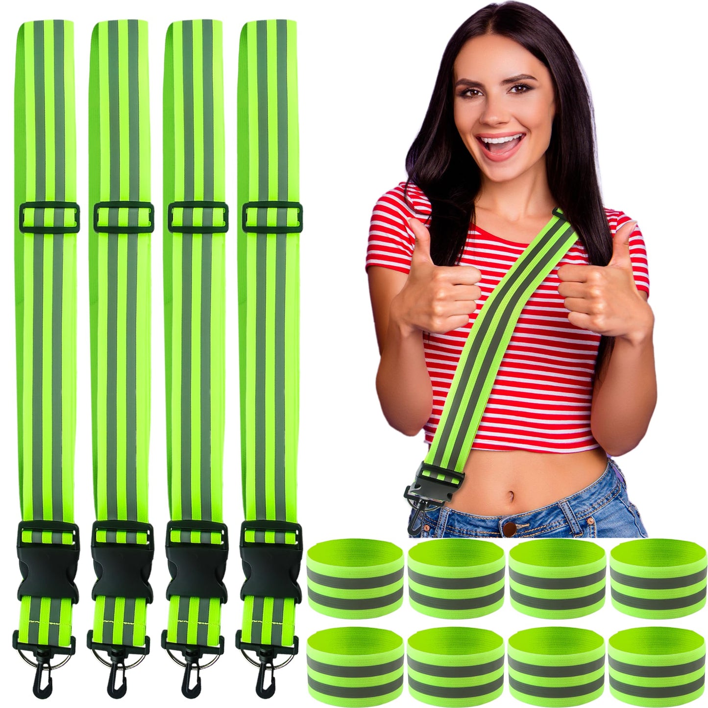Hoarost 12 Pack High Visibility Reflective Running Gear Includes 4 Pcs Adjustable Reflective Sash and 4 Pcs Reflective Wristbands for Running Walking Biking at Night