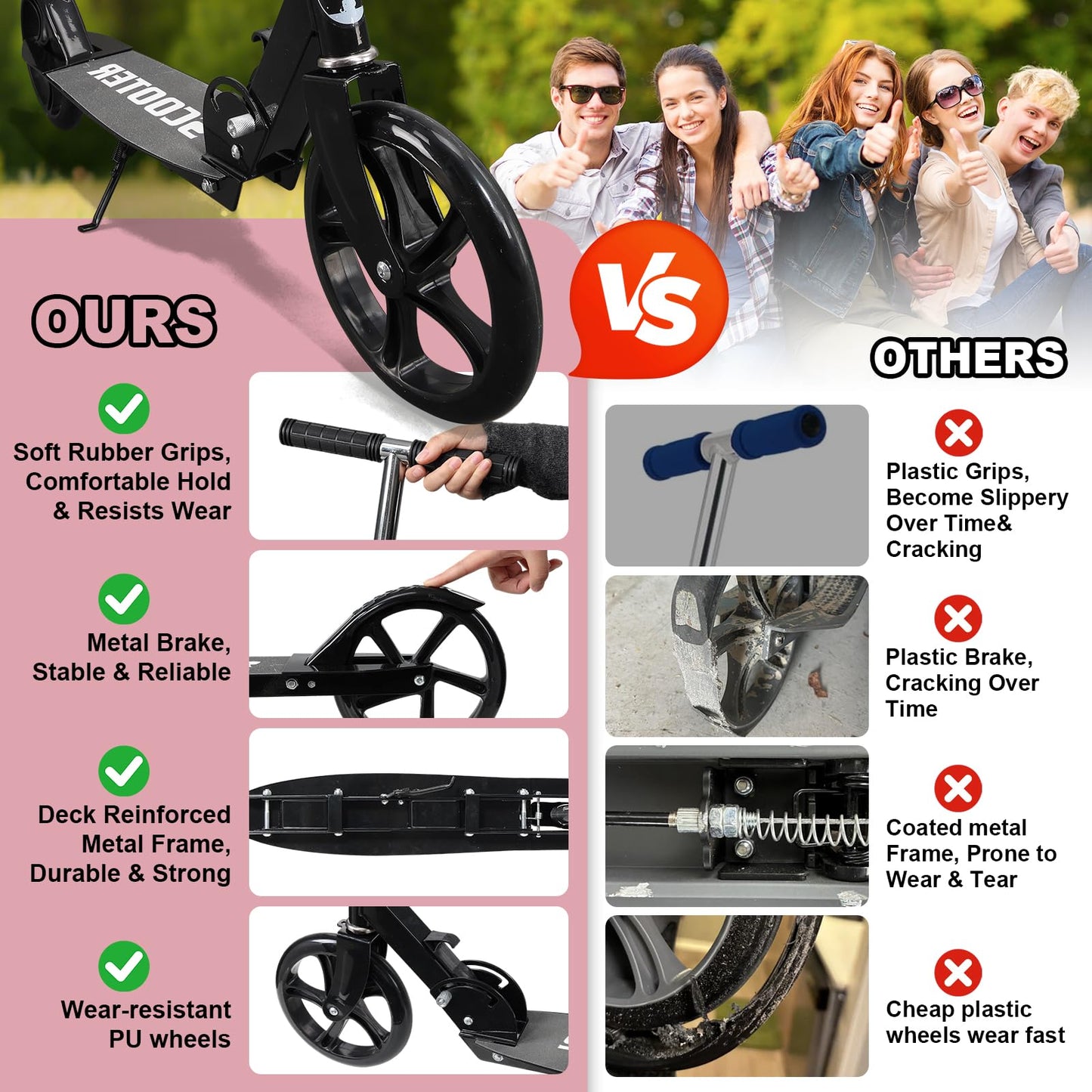 Kick Scooter Scooters for Kids Teens Adults - Heavy Duty Folding Scooters,Non-Slip Large Deck,Portable for Travel,Adjustable for 5-8 8-12 6+ Year Old Age Boys Girls Up to 300 Lbs - Black