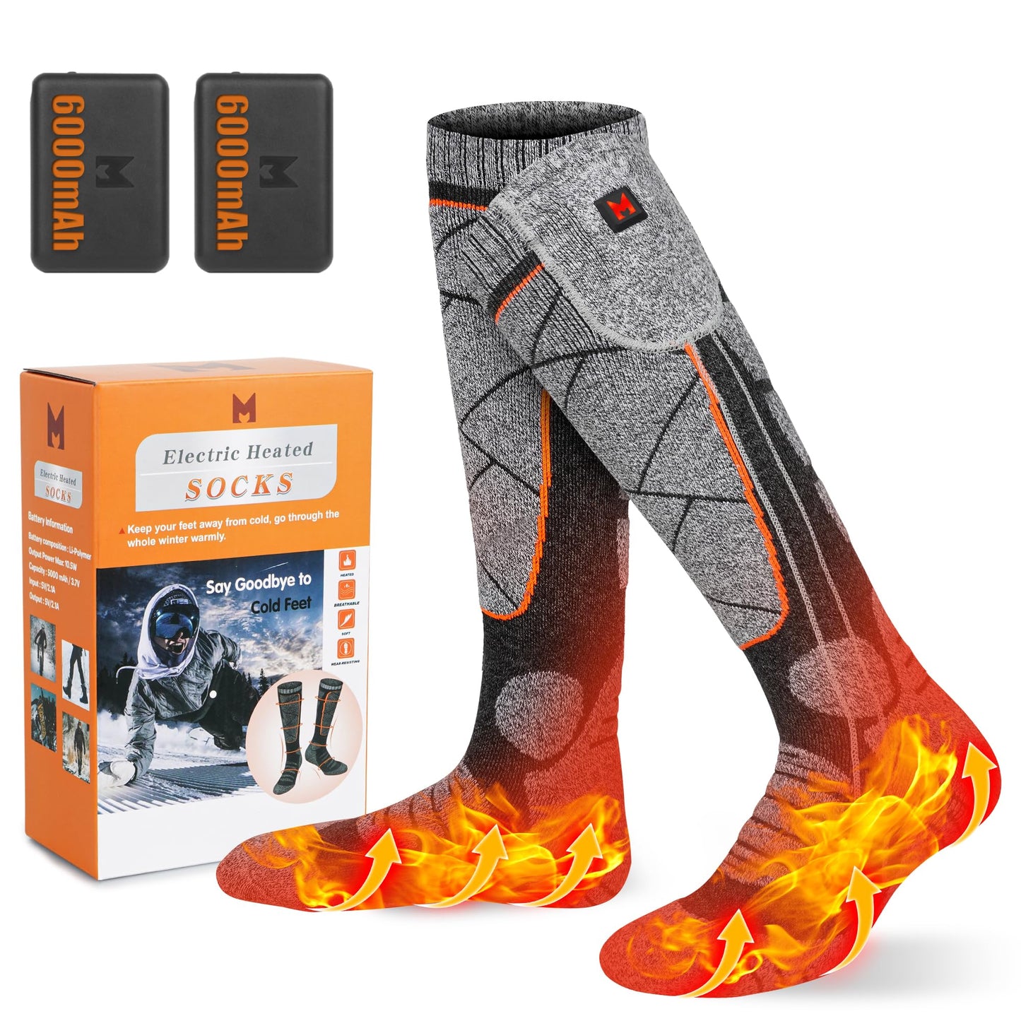 EIHBIEA Heated Socks, 5V 6000mAh Rechargeable Heated Socks for Men & Women, Electric Socks with 3 Heating Levels for Winter, Skiing, Hunting, Camping, Hiking, Cycling, Outdoor Work