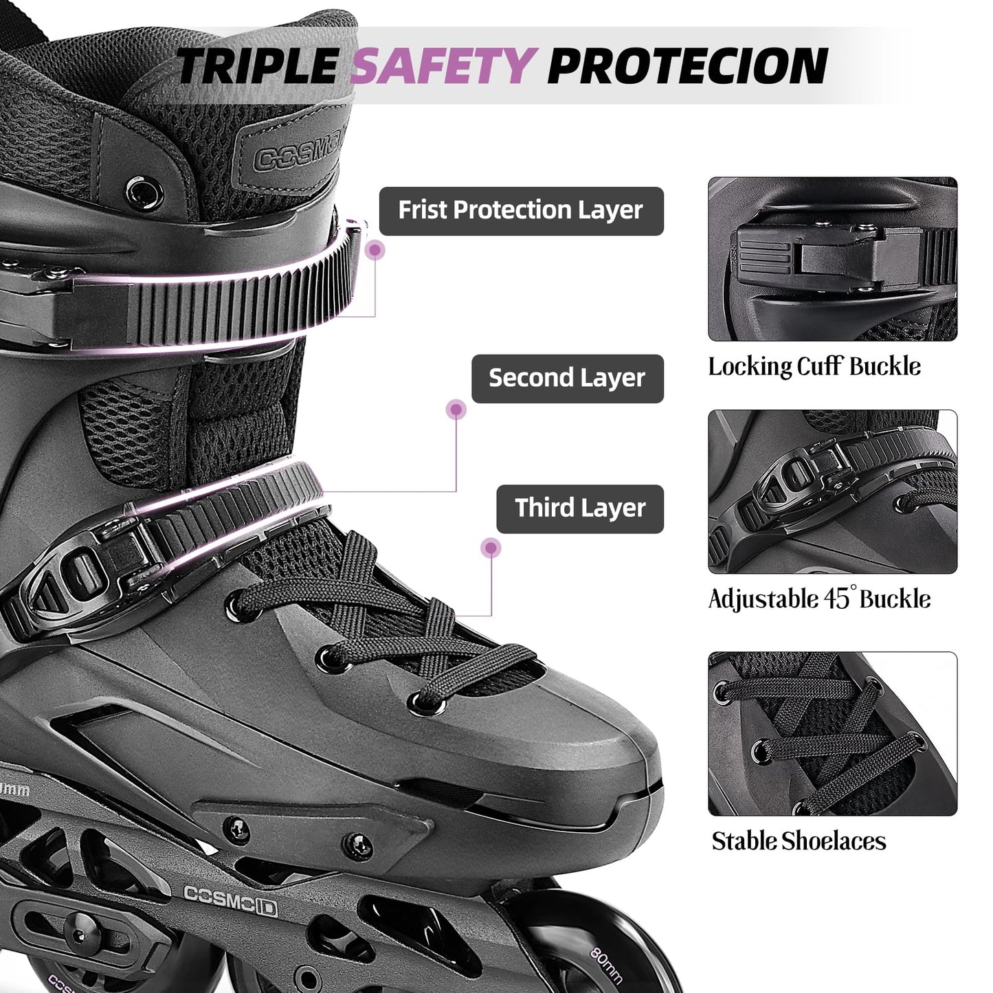 Professional Inline Skates for Women Men, COSMOID Roller Skate Blades Adult Male Female, Size 5-13，Professional Fitness Roller Skates Blades for Unisex (Black, USM10.5-11/USL11-11.5)