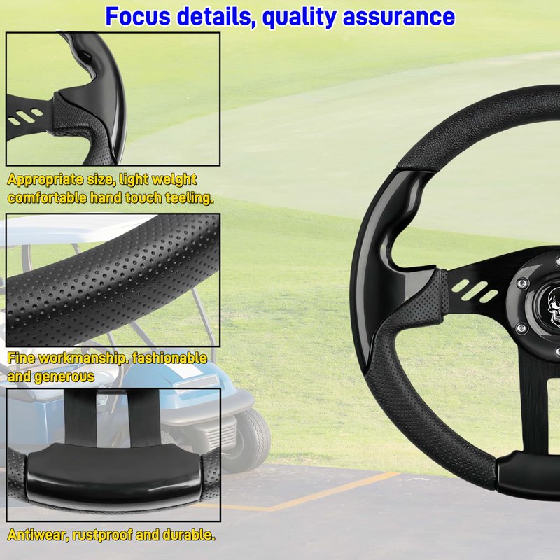 WUKO HUNT Luxury Style Golf Cart Steering Wheel - With Horn Button, with Premium Grip Leather and Ergonomic Design, Fit EZGO TXT/RXV/Club Car DS/Precedent/Yamaha Most Golf Carts (Black-Skull/SS)